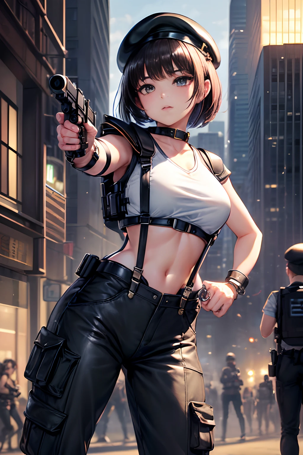 (top-quality、in 8K、32K、masterpiece、nffsw、超A high resolution、Impresionismo、Photorealsitic:1.2)、独奏、small tit、Lock-on Shots、(She takes aim at her opponent with a detailed pistol with both hands:1.5)、Holding a handgun、Detailed handgun、 detailed faces and eyes、 night cityscape、Dim lighting、police cars、police station、beauitful face、beautiful girl of 20 years old、shiny dark brown hair、short-hair、a short bob、eyes are brown、(Leather suspenders with shoulder armor:1.4)、(Right shoulder police batch 1.4)、shinny skin、(City Police Beret:1.4)、(Attach the walkie-talkie to your waist:1.4)、Tight white t-shirt、Blunt bangs、(City Police Cargo Pants:1.4)、Military boots、(Hip handcuffs:1.4)