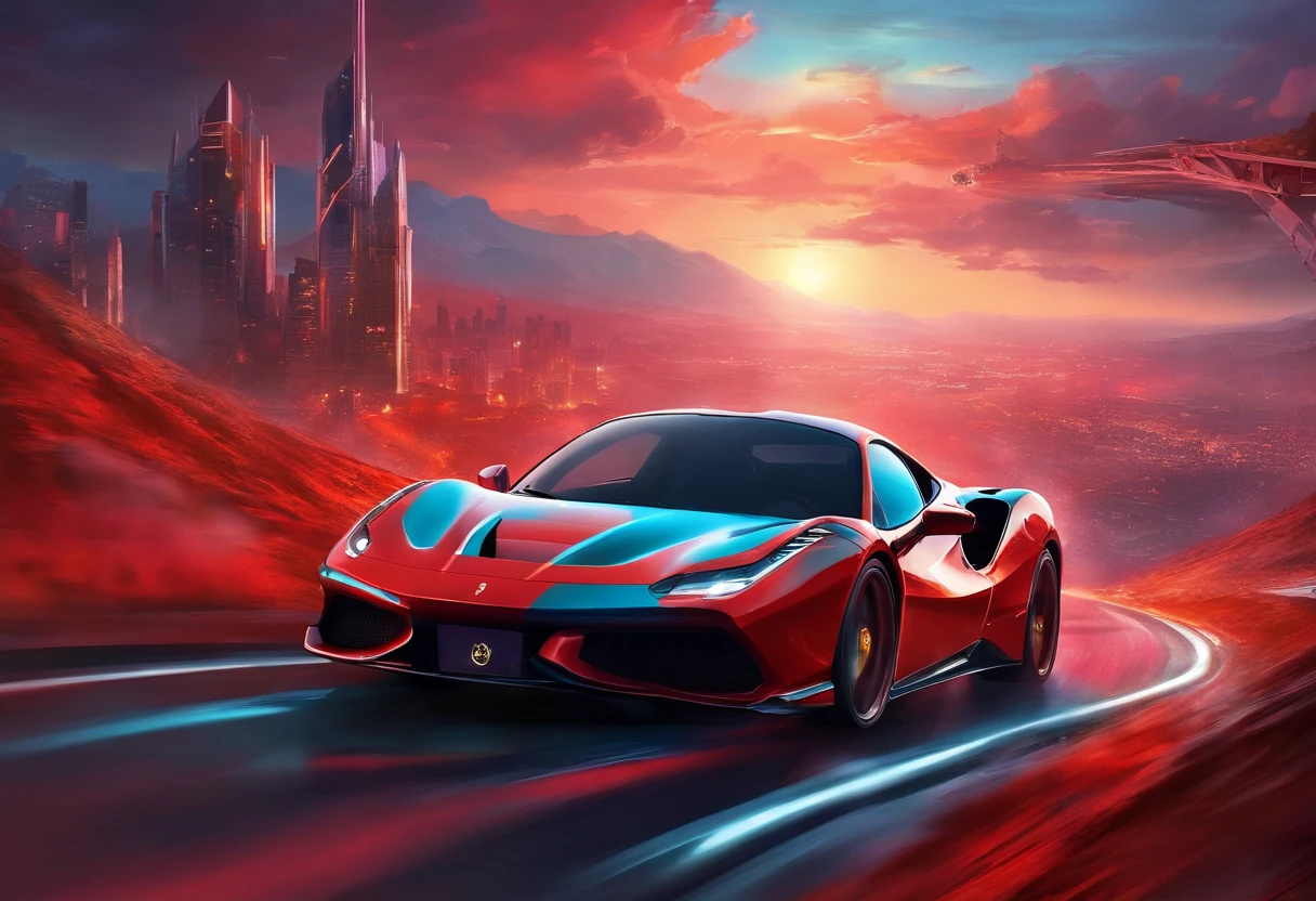 (Best Quality, 8K, masutepiece :1.2), Hyper realistic, Cyberpunk, in mountain, Ferrari 488 in detail red, Speeding on the highway, (Facing the audience), Blue skyscraper in the background, At night,