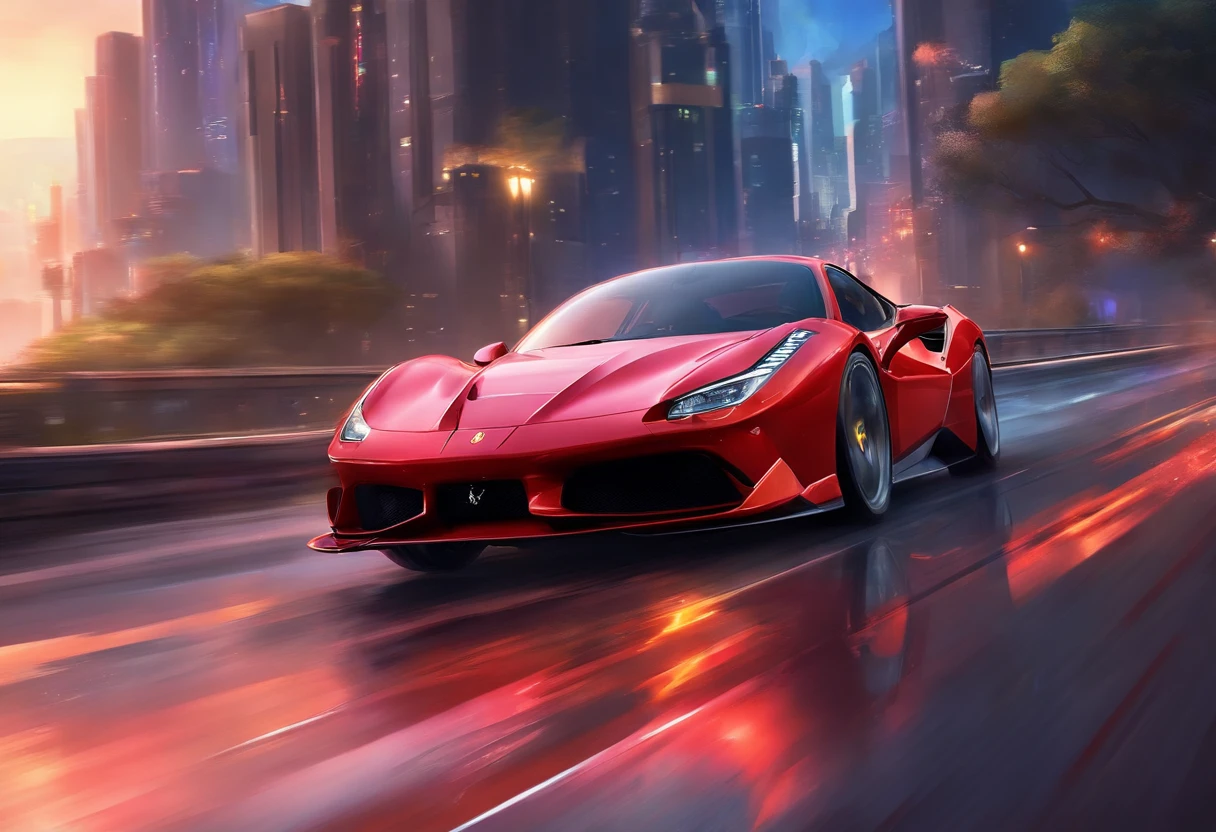 (Best Quality, 8K, masutepiece :1.2), Hyper realistic, Cyberpunk, in mountain, Ferrari 488 in detail red, Speeding on the highway, (Facing the audience), Blue skyscraper in the background, At night,