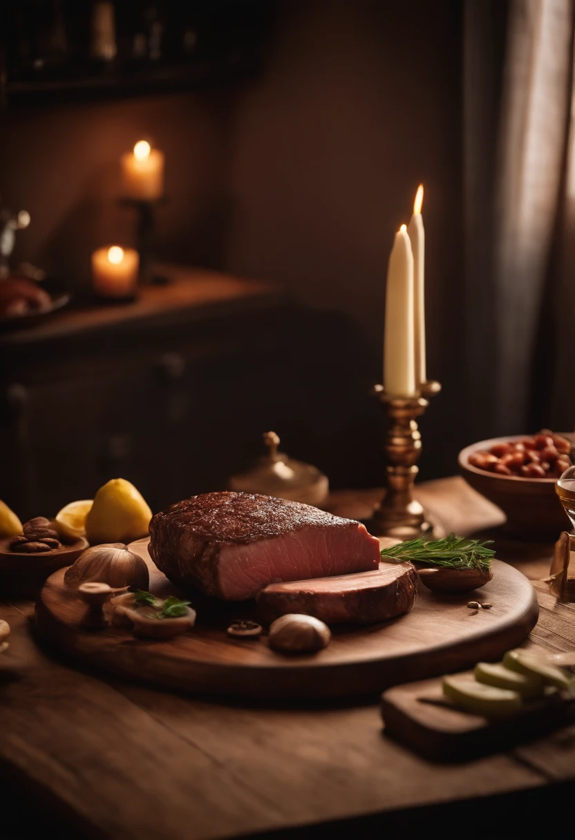 mesa com tabua de madeira para carne, Table with decoration