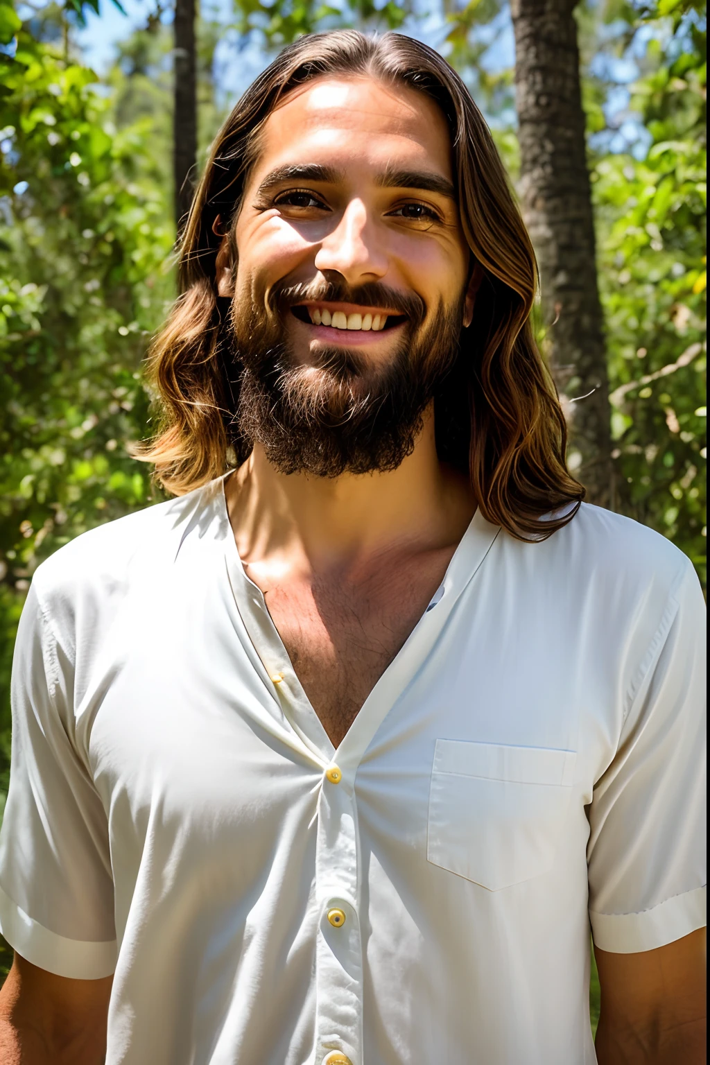 (Realistic,fotorrealista:1.37) uma foto de Jesus Cristo, Um homem crescido, Olhando de uma perspectiva em primeira pessoa, com uma postura de macho alfa,luz luminosa, A serene and peaceful expression on his face, detailed facial features, com uma longa barba, olhos penetrantes profundos, e um sorriso gentil, vestindo um manto, Surrounded by a golden halo, standing on her feet, A serene blue sky, Gentle breeze rustle through the trees, and birds chirping in the background, Creating a sense of tranquility and divine presence.