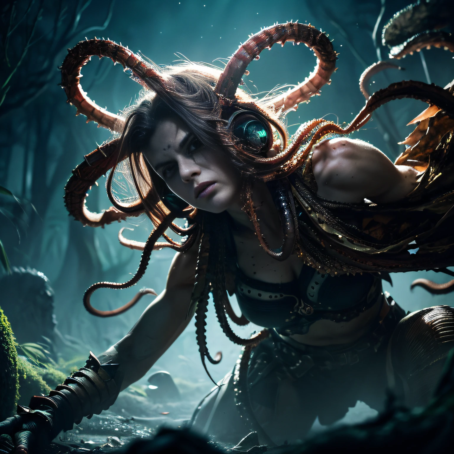 (best quality,4k,highres,masterpiece:1.2),ultra-detailed,(realistic,photorealistic,photo-realistic:1.37),tentacled creature,beautiful detailed eyes,beautiful detailed lips,extremely detailed eyes and face,longeyelashes,fighting stance,ripped clothes,sensual pleasure,warrior princess,alien world,exotic environment,lethal weapons,muscular body,shimmering armor,dark and mysterious,ominous atmosphere,intense battle,enchanted forest,fallen leaves,floating debris,moonlit night,ethereal glow,dramatic lighting,vivid colors,horrific beauty,mythical creature,unearthly tentacles,provocative pose,powerful tentacles,seductive allure.