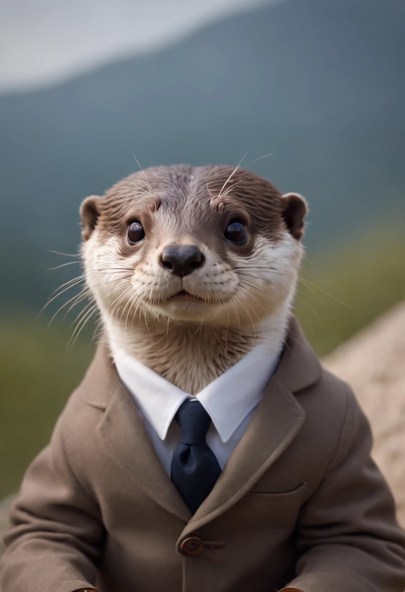 Perfect centering, Cute otter , Wear a jacket, Wearing formal suit, Wearing oval glasses, cheerfulness, Standing position, Abstract beauty, Centered, Looking at the camera, Facing the camera, Approaching perfection, Dynamic, Highly detailed, Smooth, Sharp Focus, 8K