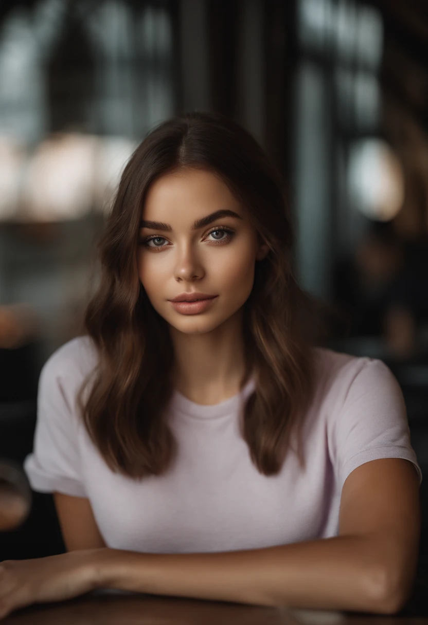 Woman in a T-shirt and sans-culotte , Sexy girl with brown eyes, portrait sophie mudd, brown hair and large eyes, selfie of a young woman, Chamber eyes, violet myers, no makeup, natural makeup, looking straight at camera, face with artgram, fine makeup, Excellent full-length photography, cleavage, sitting at a table