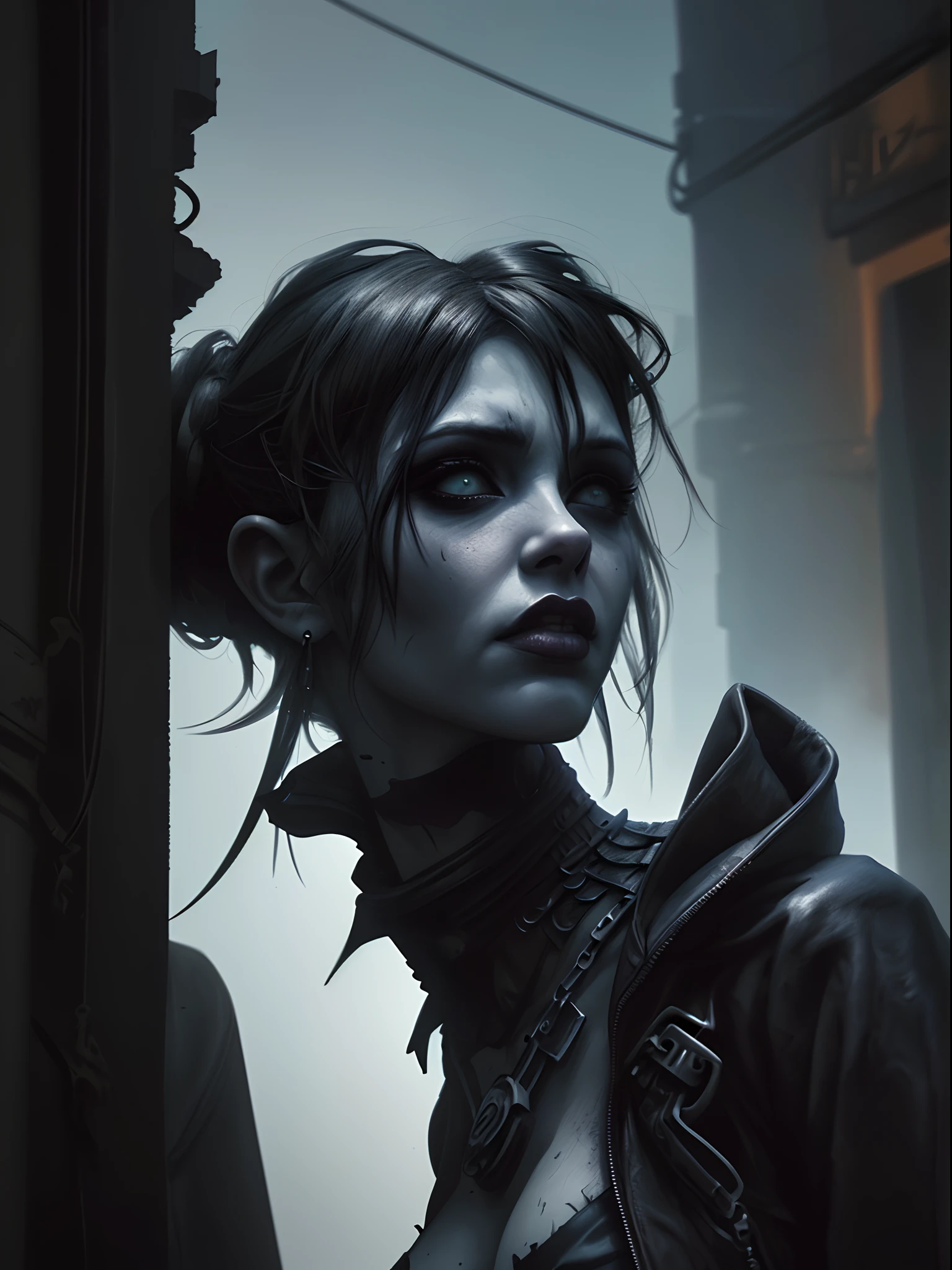 Chronicles of Riddick Necromonger woman, heavy goth makeup, dark chiaroscuro gothic cyberpunk city background, photorealistic dark concept art, Gothic Babylonian (cyberpunk) maiden,  angry gorgeous gothic cyberpunk , dark fantasy science fiction, hyperdetailed fantasy character, fantasy concept art portrait, portrait of a female Necromonger, stefan gesell, cyberpunk horror style, dark fantasy character design, 4k concept art and hyper realism