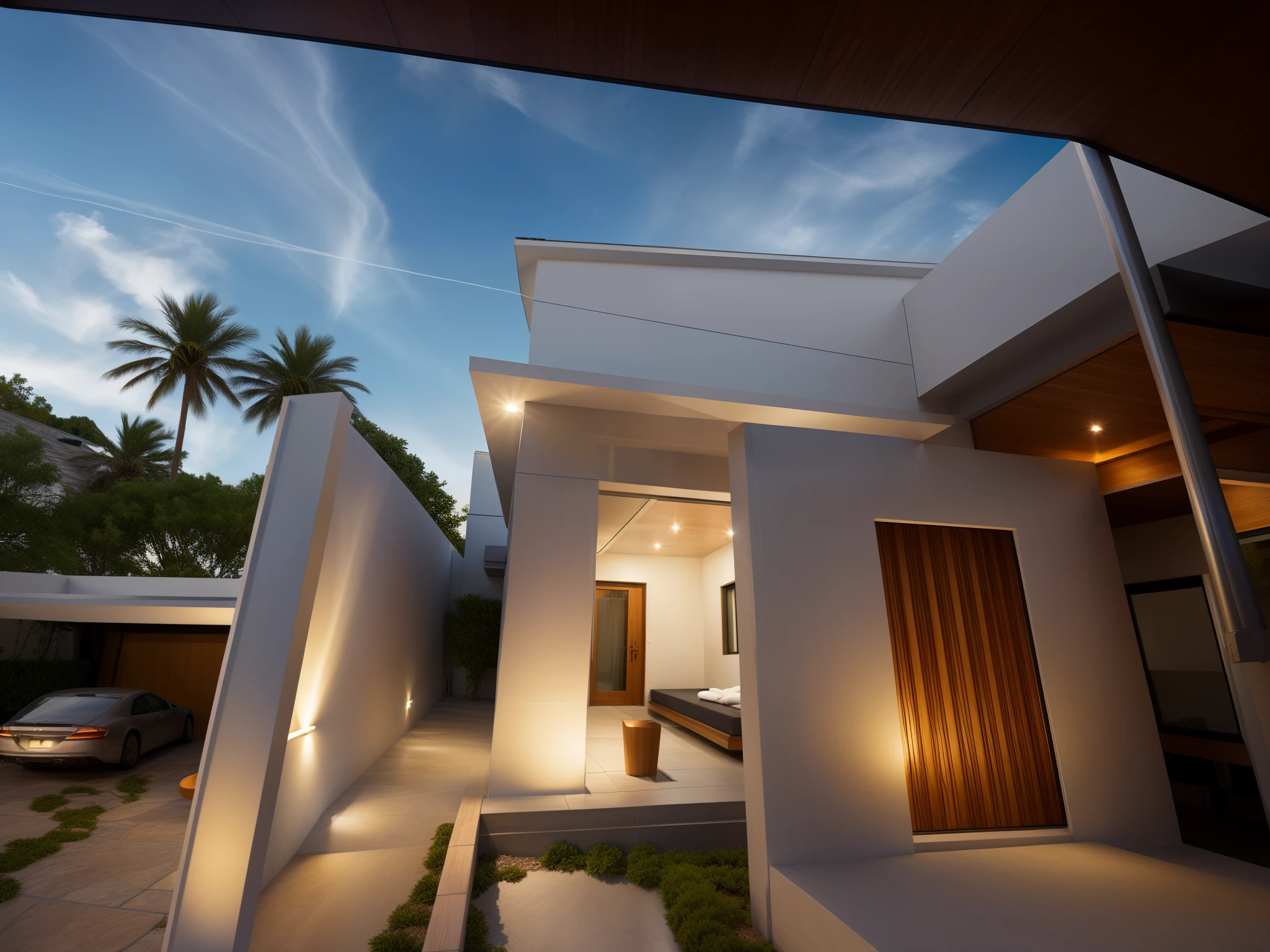 Exterior, modern spa, white house made of wood, white house, homestay, blue sky: 1.8, wood paneled walls, large yard, 1 car, 1 house street frontage, dynamic lighting: 1.4 , cinematic lighting,((( indoor lighting:1.4))), peaceful feeling, award-winning architecture, wet pavement, sky view after rain, warm interior lighting Pressure: 1.7, shimmering sky