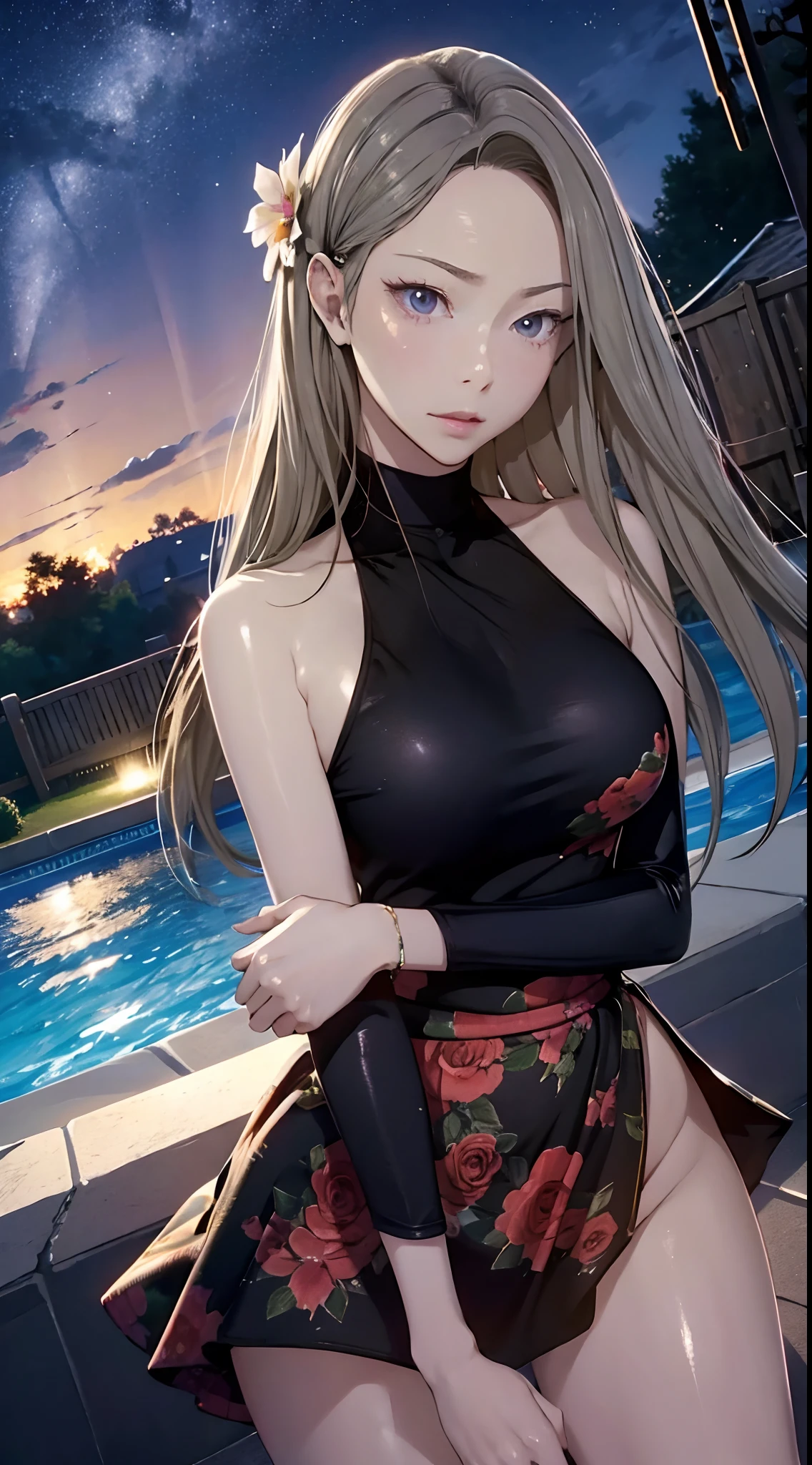 Best Quality, high_resolution, Distinct_image, Detailed background ,girl, Random wear,flower, nigh sky,Dutch Angle, Wide Shot,Glamorous Sky、Sky、nigh sky、Night Pool、Dark cold lighting below、