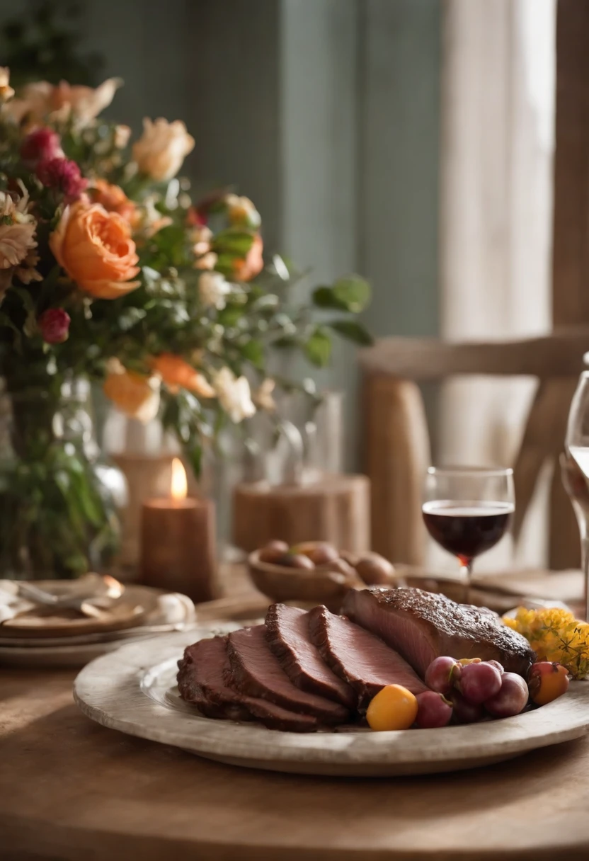 mesa decorada, tabua de carne, flores