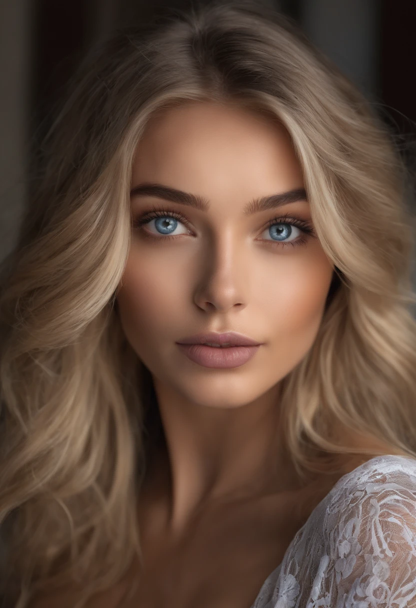 Arafed woman completely , fille sexy aux yeux bleus, ultra realist, Meticulously detailed, Portrait Sophie Mudd, cheveux blonds et grands yeux, selfie of a young woman, Yeux de chambre, Violet Myers, sans maquillage, maquillage naturel, looking straight at camera, Visage avec Artgram, Maquillage subtil, Superbe photo du corps entier marchant sur la route , Buste de grande taille
