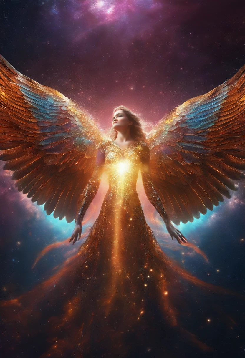 Cosmic fallen angel, Des yeux clairs brillants, Biomechanical, odd, flippant, cauchemardesque, Very bright colors, Light particles, with bright light, Mshiff, Art du papier peint, UHD wallpaper