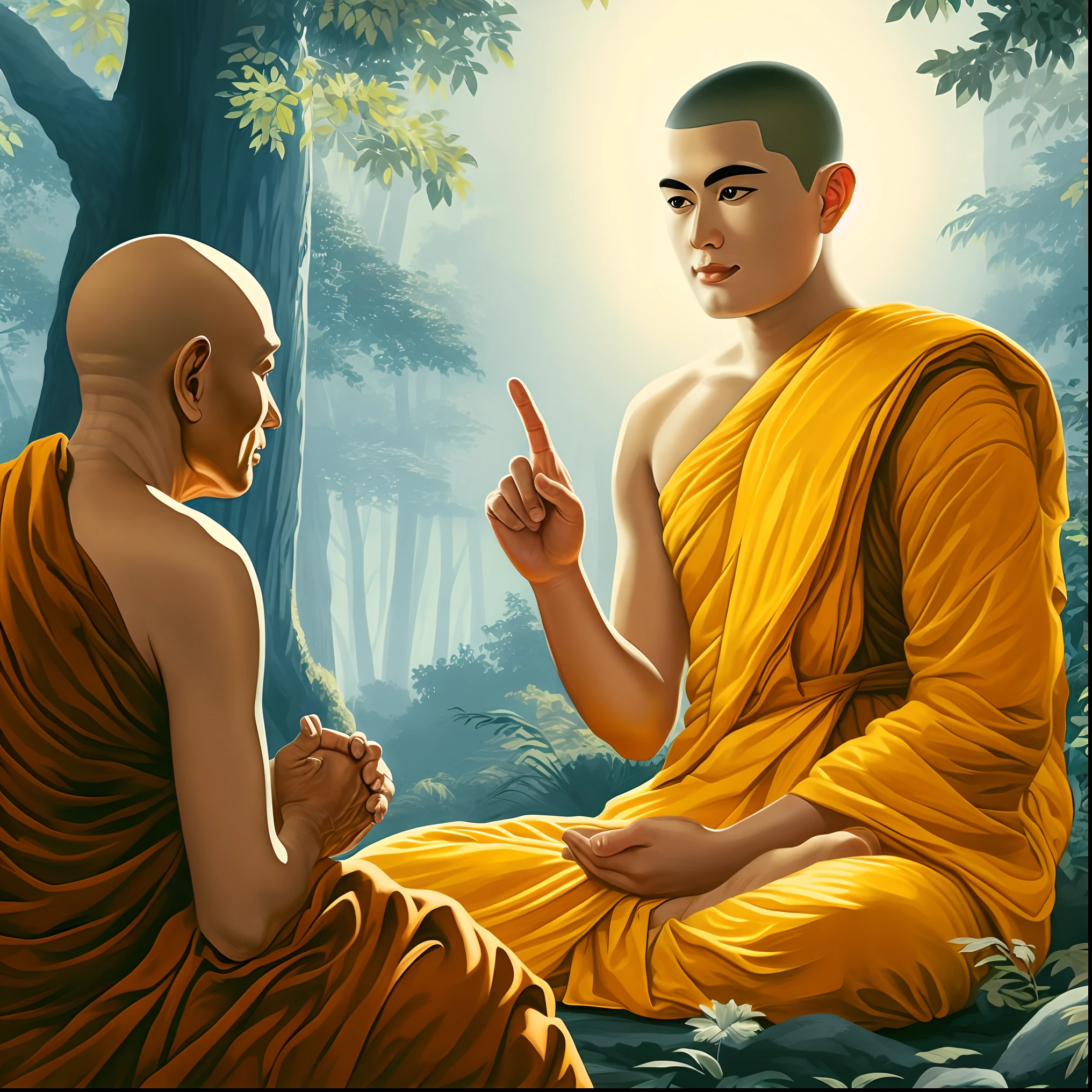 there is a painting of a monk and a child in a temple, buddhist, buddhism, buddhist monk, portrait of monk, buddhist monk meditating, monk meditate, concept art of a monk, fisting monk, thailand art, monks, monk clothes, monk, buddhist art, 2 1 st century monk, on the path to enlightenment, tithi luadthong