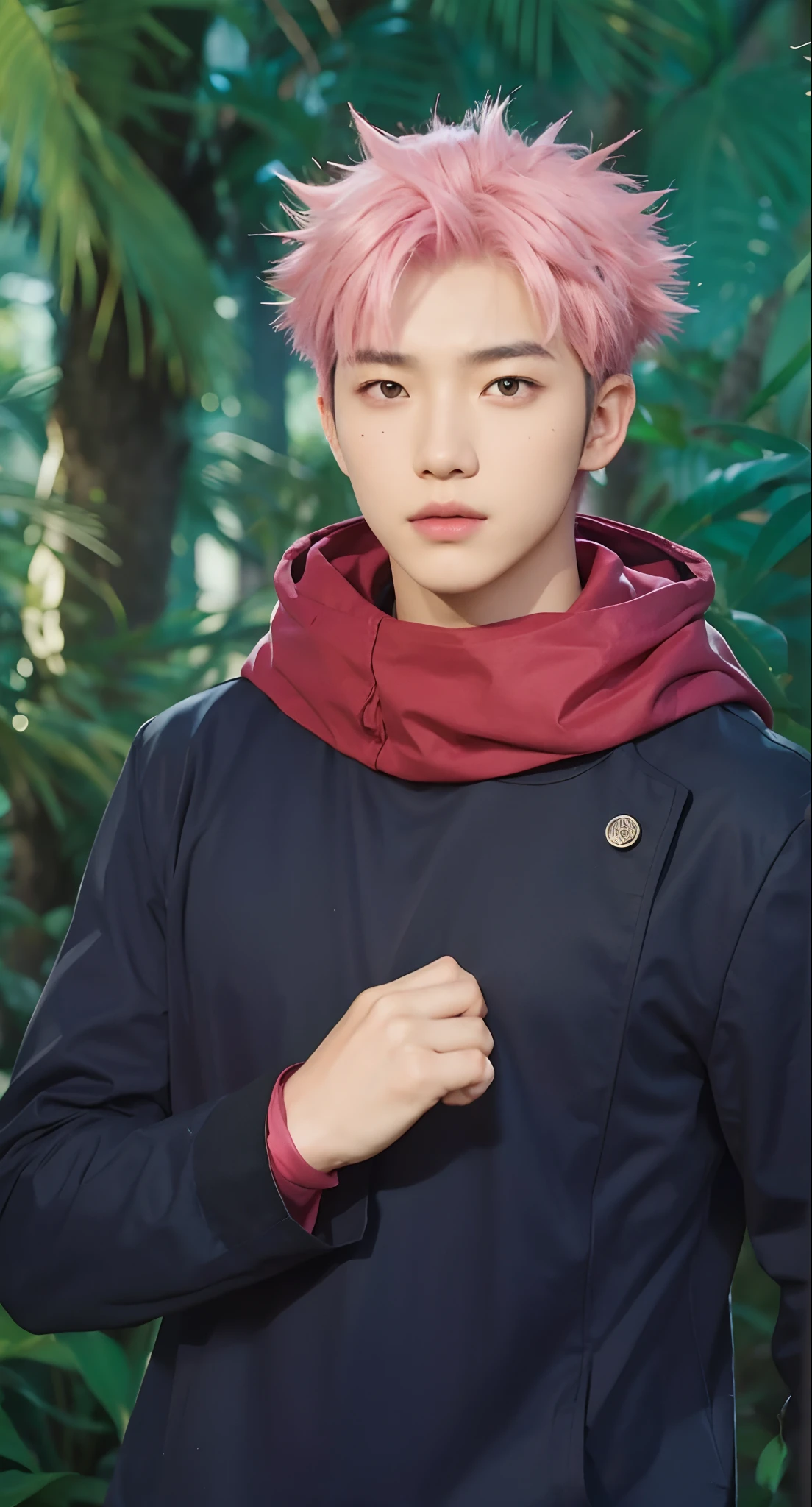 Real life adaption of this character, Korean handsome face,looking to viewer,((realistic same Messy spiky pink hair color in the middle and black color hair in the side)) ,realistic jungle with many grass background, hyper realistic, realistic light, realistic shadow, realism,(photorealistic:1.2), (realistic same outfit),