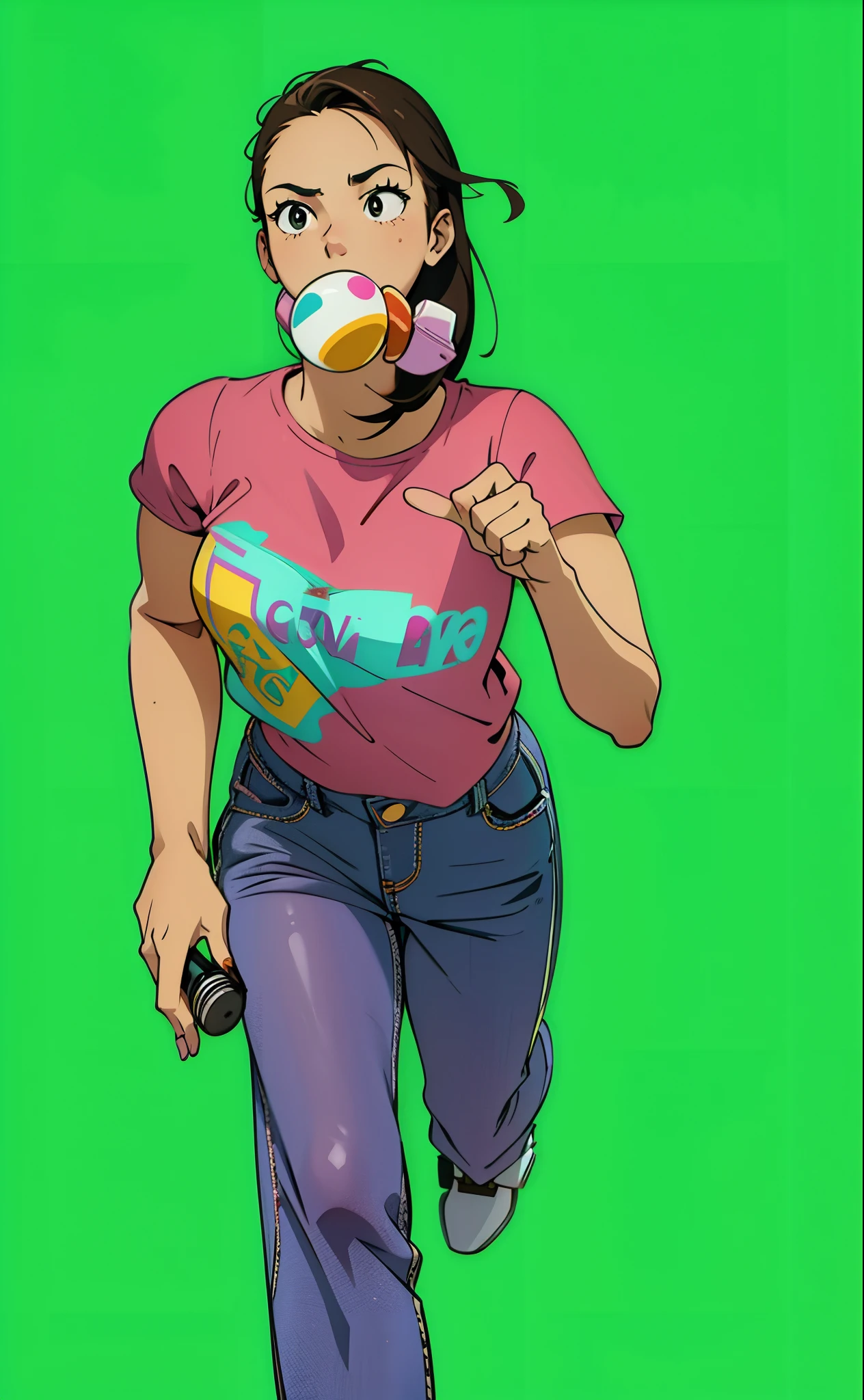 Turn this girl to cartoon, attractive thin girl, colorfull, simple pinky T-shirt, pink shirt, pink tshirt, running position