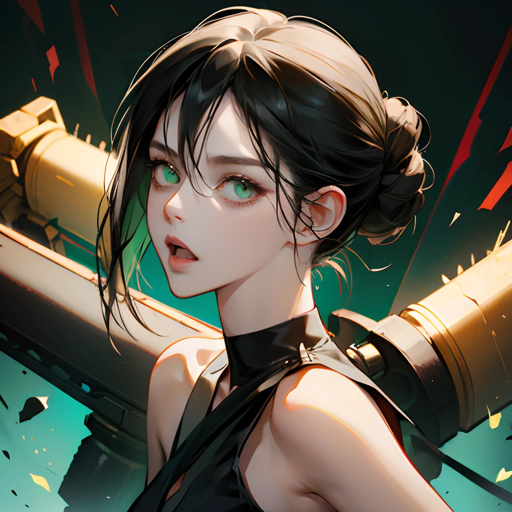 chainsaw man, reze, 1girl, bare shoulders, black choker, black hair, choker, earrings, green eyes, grenade pin, hair between eyes, hair bun, jewelry, looking at viewer, open mouth, shirt, single hair bun, sleeveless, sleeveless shirt, solo, strap slip, black shirt