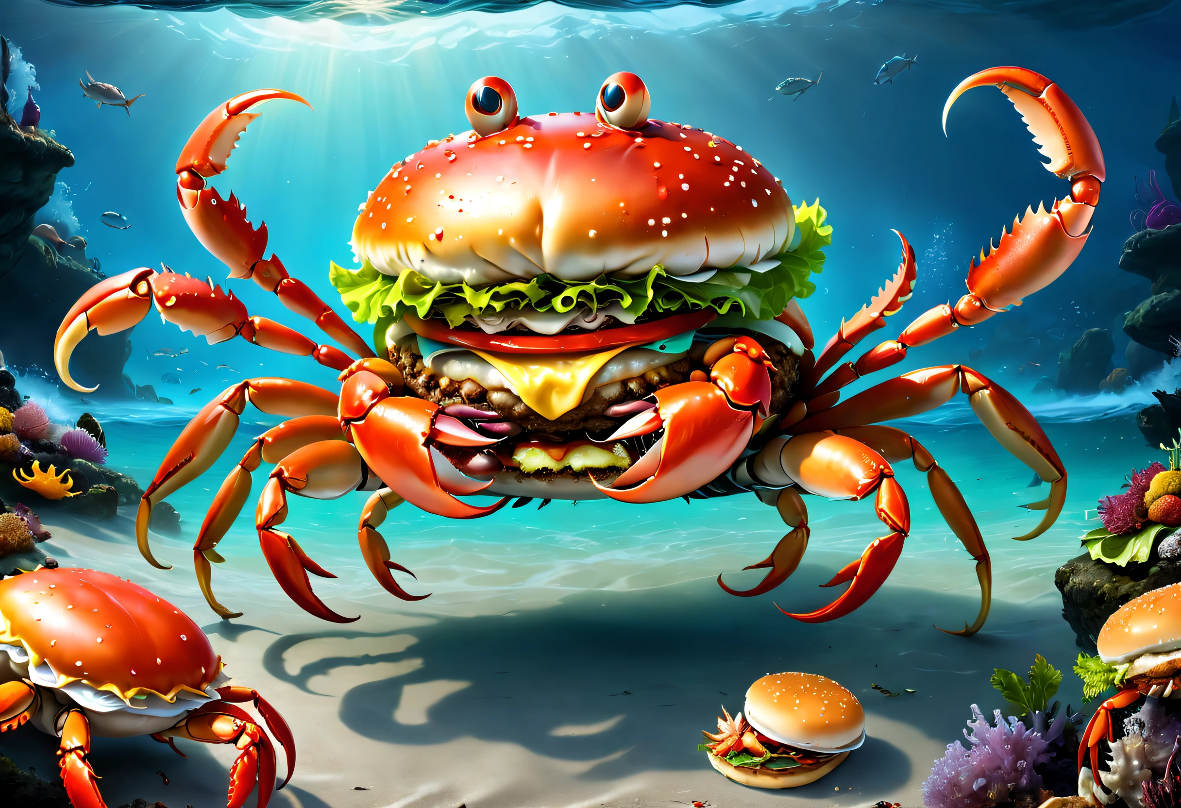 (Best quality, 4K, A high resolution, Masterpiece:1.2), Ultra-detailed, Realistic:1.37,Burger Crab Team，Every hamburger crab has crab legs，Crab claws，The body is a crab of Hamburg,Anthropomorphic burger，Stroll through the Hamburg Crab Squad，Dress up like a hamburger crab， Tentacles wrapped around a burger,absurderes，It's ridiculous，At the bottom of the sea，Deep in the ocean，Epic fantasy art，Epic surreal art style,Dynamic Action Pose,