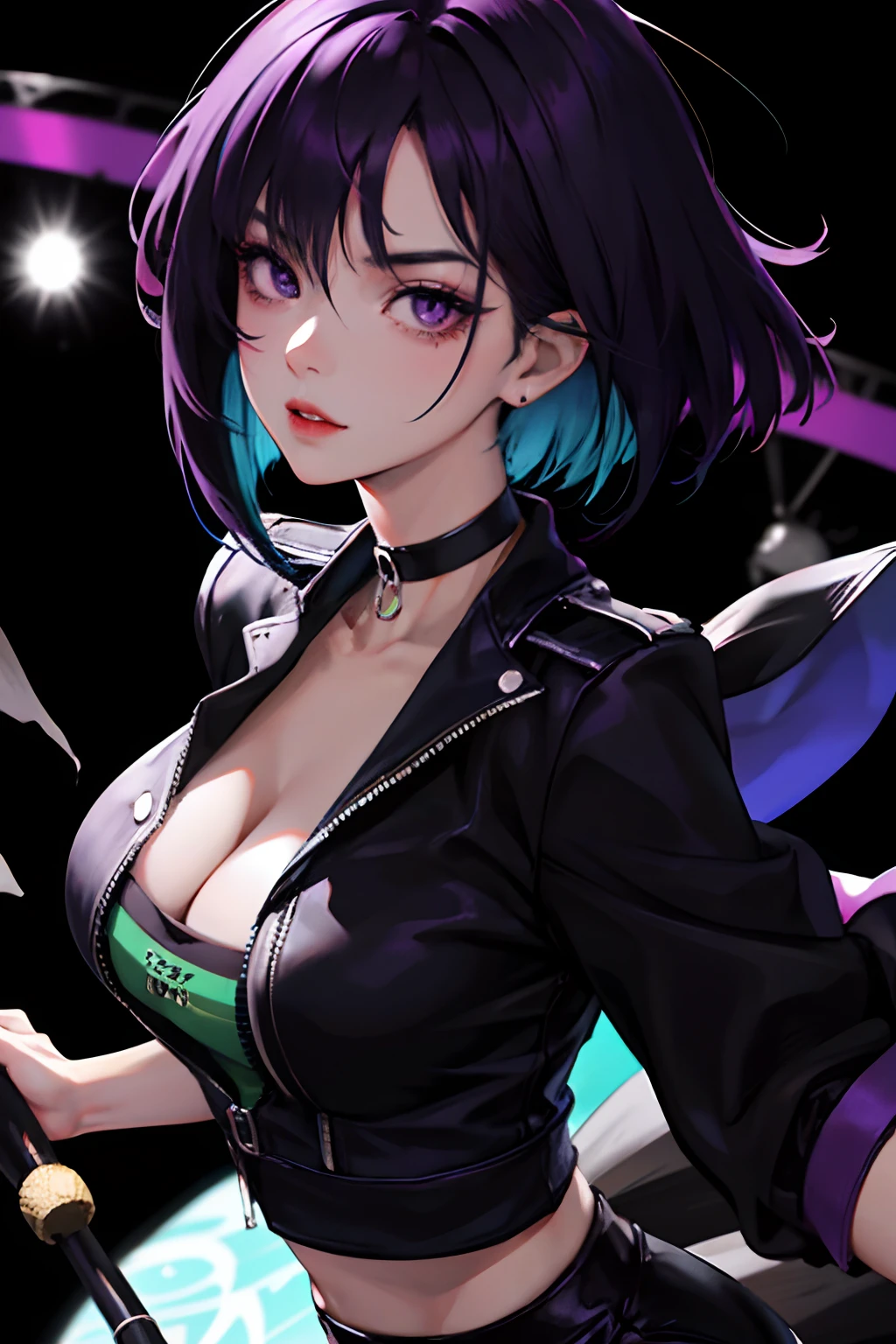 masutepiece, Best Quality, a 20 yo woman, Cool Face,Shadow,Bery short hair,livestream,Purple eyes,blac hair,a choker,Sharp eyes,tight outfit,Mixed background with black, blue and green,drum,The artists,audience,highly contrast,close up,huge tit,underground music