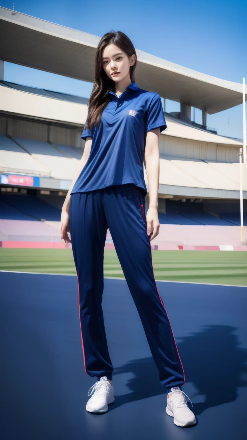 (bestquality,10,10,highres,masterpiece:1.2),ultra-detail,(Realistic,photorealistic portrait,photo-realistic:1.37),1 Cute girl in the football field,oily shiny skin,bara,light smile,BDclothes,((blue shirt:1.3)),short sleeves,shirt, trousers.,(navy_long_Pants Track:1.1), ((Stadium Background:1.3)),dynamic angle,excited,face focus,Dynamic Poses,from behide,Ass Focus,masterpiece, bestquality, ultra realistic, hyper-detail, 8k resolution, RAW photo, crisp focus, ((Navy blue shirt:1.1)), short sleeves, Long Path, Perfect body, 2 mature women, 18yo, cinematic light,Blue sweatpants,Gymware,Correct anatomy,Complete body, Correct body, sharp face, Anatomically correct body, full entire body, Realistic gestures, long-haired, Realistic poses,Wear long shorts..............,Long leg span,Shapely,Sculpting Girl, Slender Figure, mannequin mannequins, Shapely, Beautiful body,Blue sweatpants