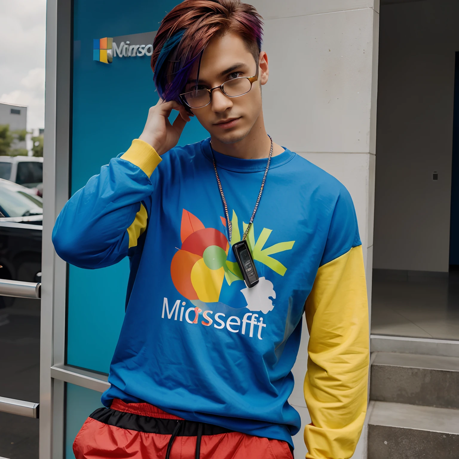 Man with Microsoft colour themed hair and Microsoft colour themed clothes