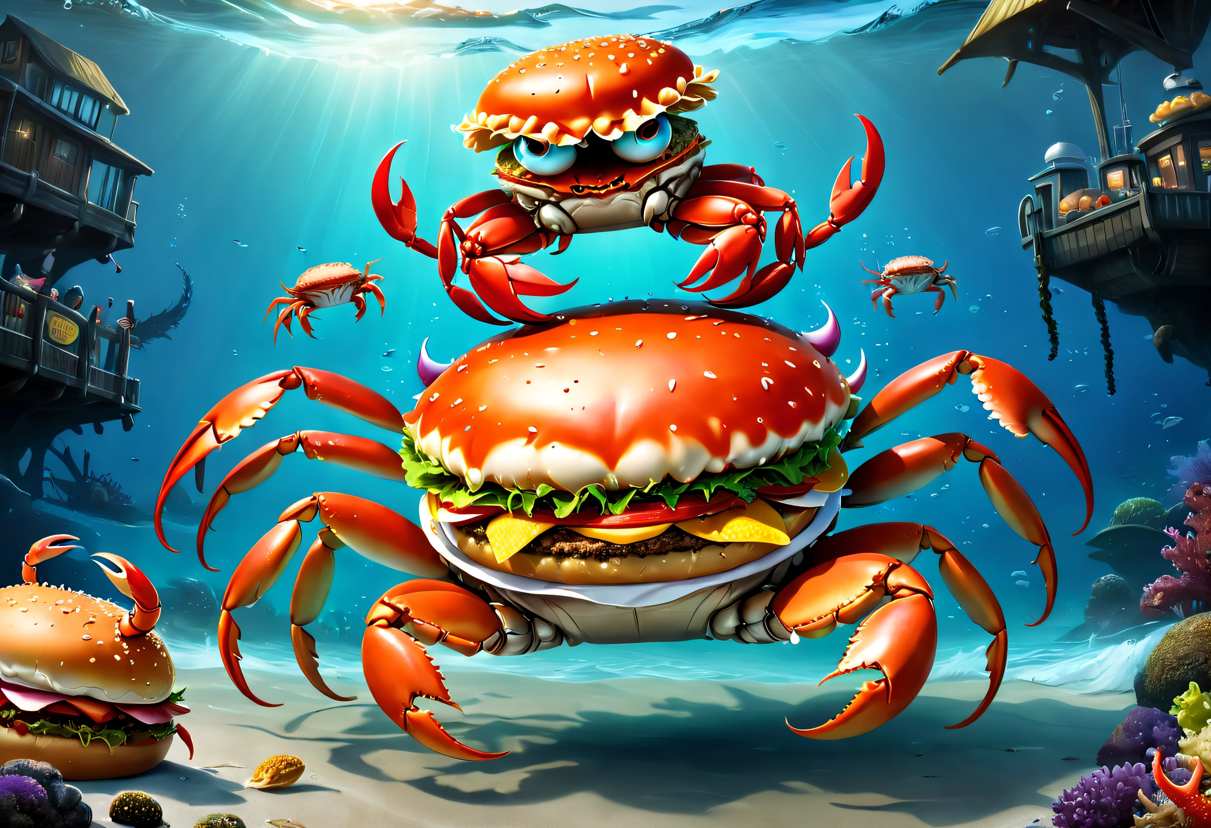 (Best quality, 4K, A high resolution, Masterpiece:1.2), Ultra-detailed, Realistic:1.37,Burger Crab Team，Every hamburger crab has crab legs，Crab claws，The body is a crab of Hamburg,Anthropomorphic burger，Stroll through the Hamburg Crab Squad，Dress up like a hamburger crab， Tentacles wrapped around a burger,absurderes，It's ridiculous，At the bottom of the sea，Deep in the ocean，Epic fantasy art，Epic surreal art style,Dynamic Action Pose,