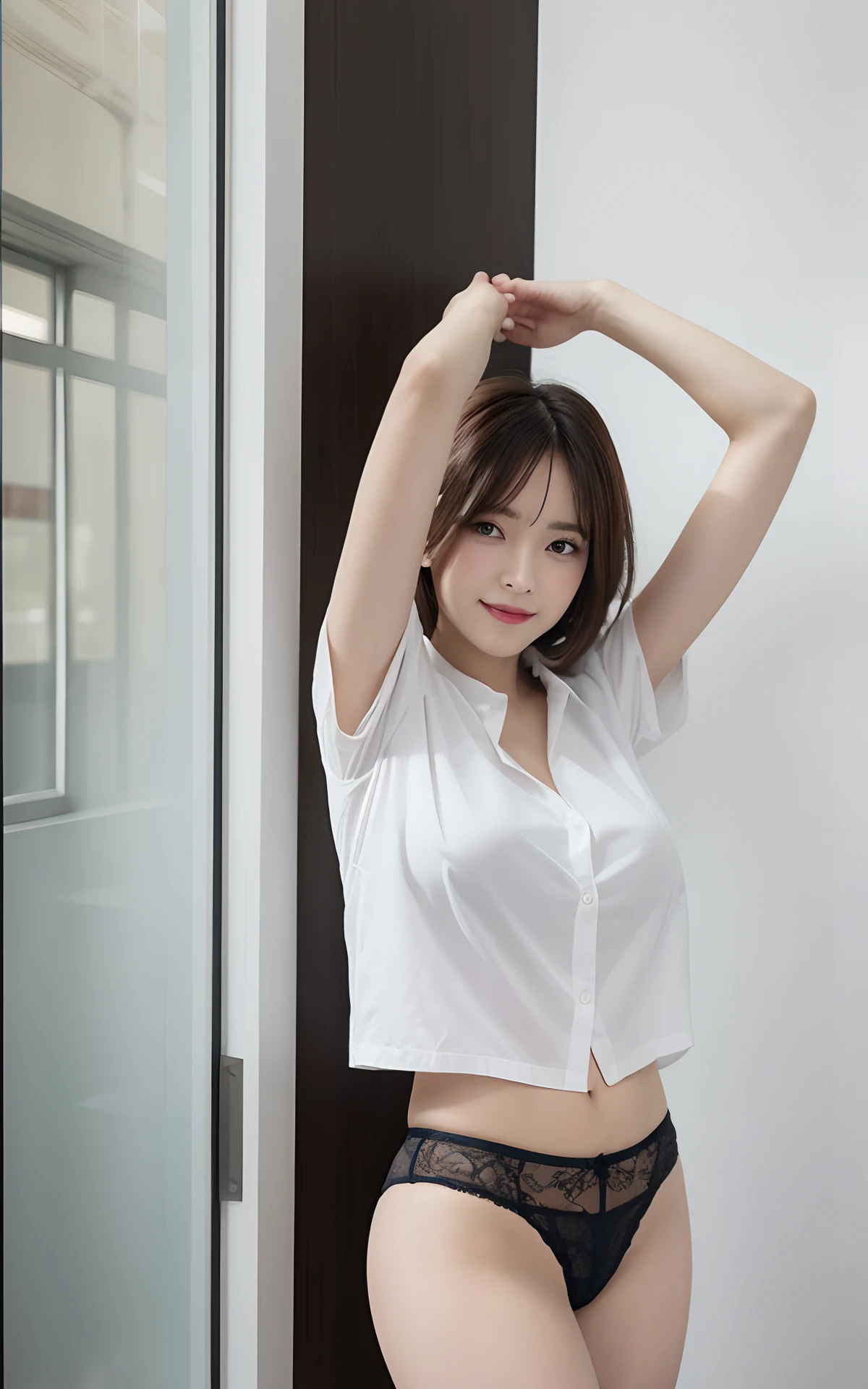 masutepiece, Best Quality, Illustration, Ultra-detailed, finely detail, hight resolution, 8K Wallpaper, Perfect dynamic composition, Beautiful detailed eyes, sexy underwear,Bob Hair, mid-chest, Natural Color Lip, Random and sexy poses,Smile,20 years girl、Colossal tits、s Office、Business Shirt、is standing、、Composition from the front