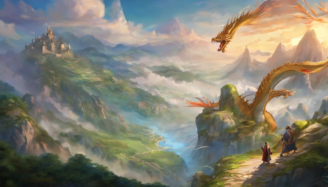 A painting of a Chinese dragon circling between mountains - no wing，With dragons as the main background，There are clouds，There are mountains，Flying in the sky（Chinese Dragon：1.5），highly detailed fantasy art，hyperrealistic d & D fantasy art，heroes, Artstation contest winner，--No wings，