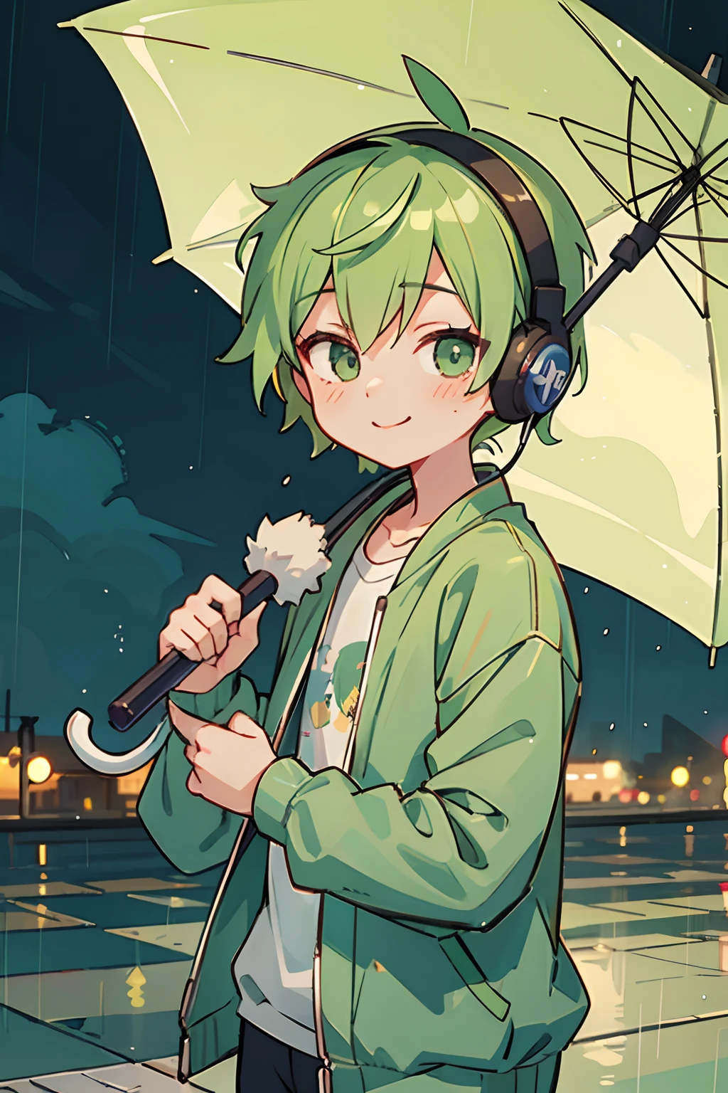 kpop anime boy wearing a jacket and a headphone, green hair, angelic innocent smile, holding an umbrella on a rainy streets at night, high quality shot