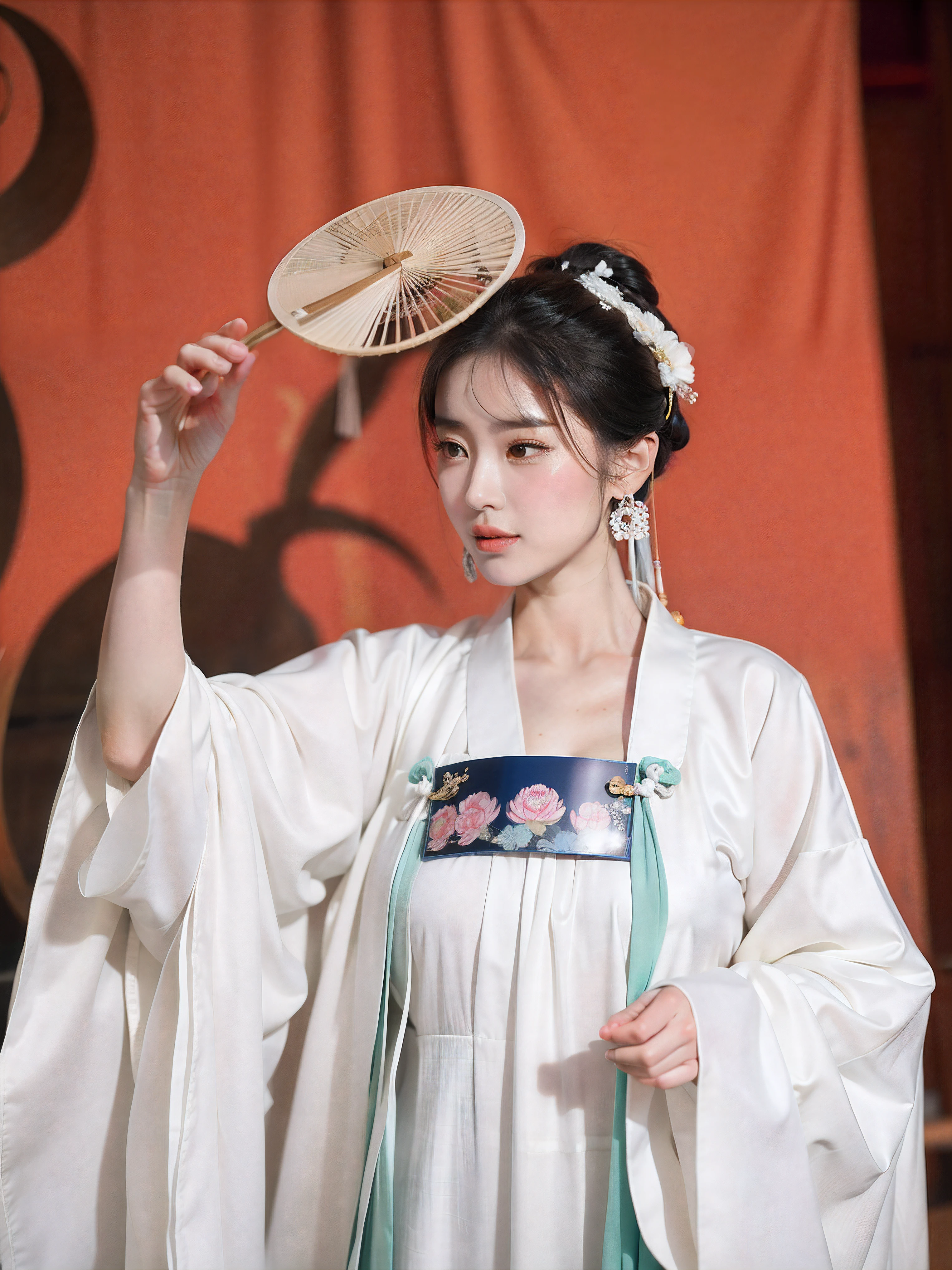 Araki woman in white dress holding a fan and a white hat, Palace ， A girl in Hanfu, Wearing ancient Chinese clothes, White Hanfu, Hanfu, Traditional Chinese clothing, with acient chinese clothes, Chinese traditional, Chinese costume, inspired by Qian Du, Princesa chinesa antiga, Chinese style, Inspired by Qiu Ying，good eyes，sideface，Soft portrait shot 8 K，