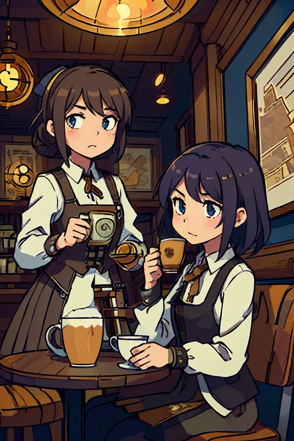 (Masterpiece:1.2)。(top-quality:1.2)。steampunkai。In a corner of a steampunk-style eatery、Two high school girls looking at the map while drinking coffee、Consulting something with a serious expression。There is a half-eaten sandwich on the table.。