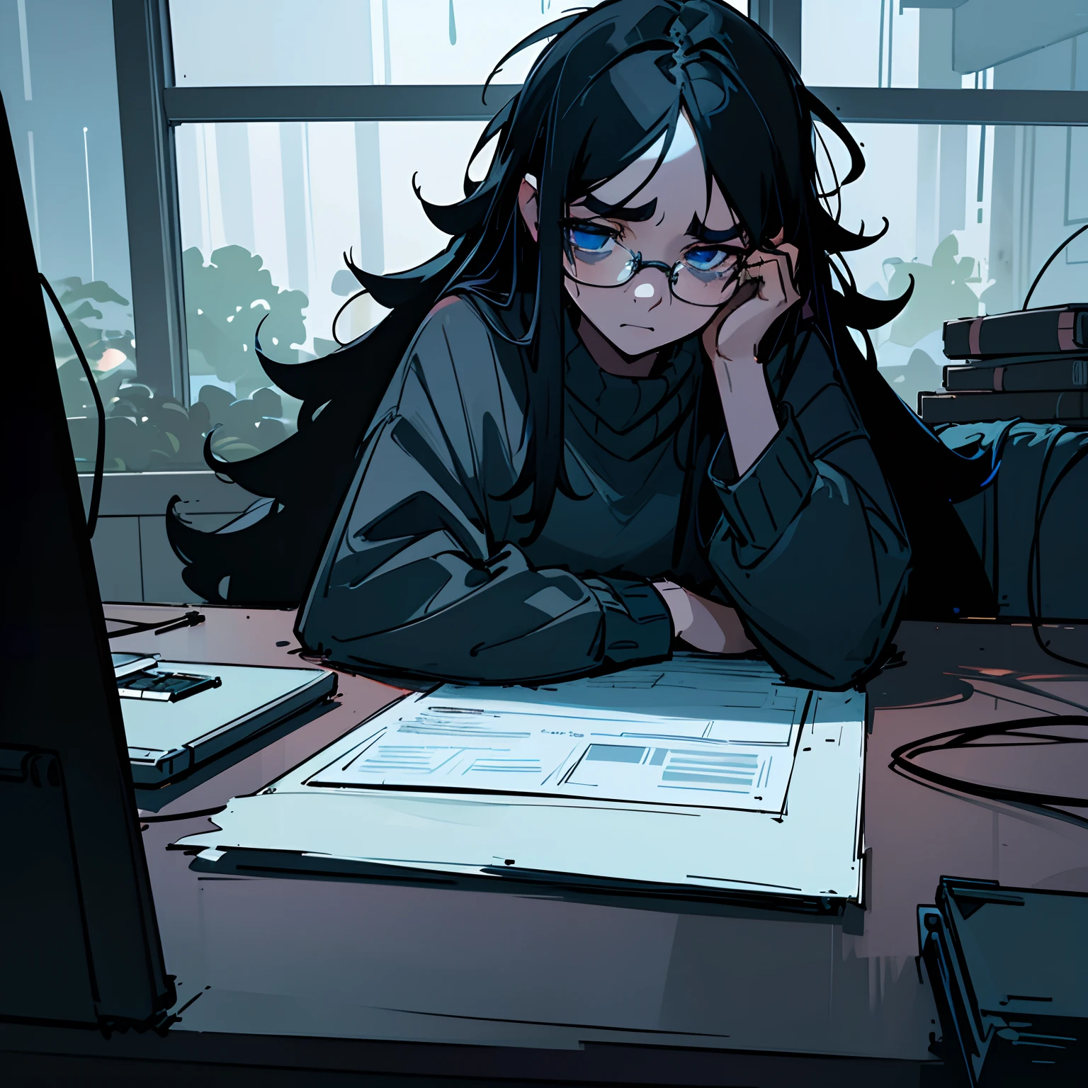 volumetric lighting, ambient lighting, highres, masterpiece, 8k, (dark blue eyes), tired, melancholy, depressed, detailed black hair, (messy hair), long hair, disheveled, unwashed, thick eyebrows, black sweater, (wearing glasses), rainy window in background, laptop computer, multiple tangled black electrical cables, led lights