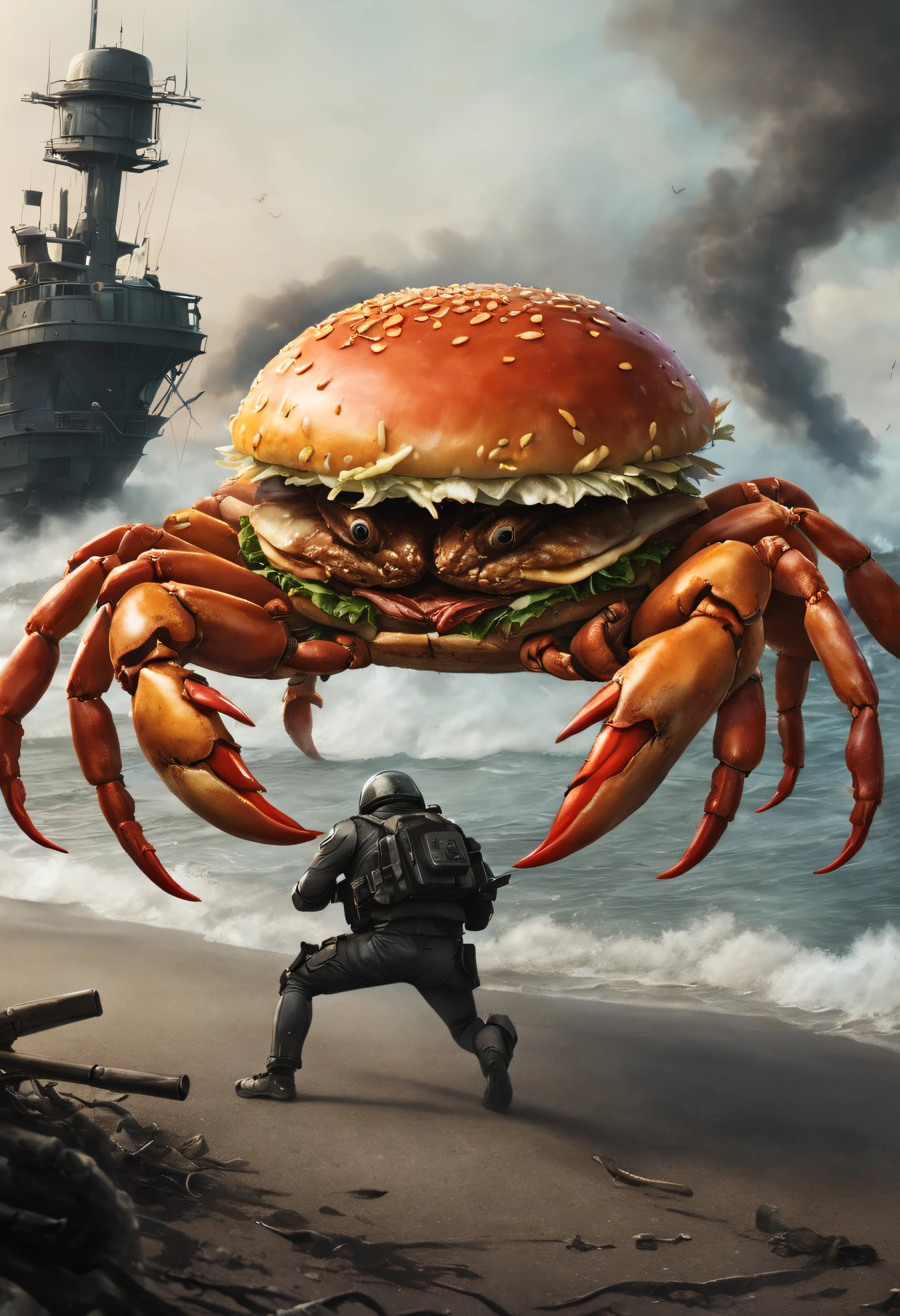 (high resolution, Realistic),Hamburg Crab Legion，With modern weapons,Every hamburger crab has crab legs，Crab claws，The body is a hamburger，Burger monster, Tentacles wrapped around a burger,Anthropomorphic burger，Stroll through the Hamburg Crab Legion，Dress up like a hamburger crab，absurderes，It's ridiculous，Have by the sea，Epic fantasy art，Epic surreal art style，Dynamic Action Pose,Background full of smoke and flames,Shiny metal gun,Sharp focus,gritty atmosphere,Powerful battle scenes,Detailed bullet casings and explosions,Vivid colors, Intense lighting,Combine horror and action genres,Close-up of burger crab by squad members,Fierce battle frenzy,Artistic lighting effects,Suspenseful atmosphere,expressive facial features,Creepy and threatening appearance,Detailed hamburger crab,Emphasize the strength and strength of the legion,The real manifestation of weapons and equipment,Add a sci-fi twist to the scene.