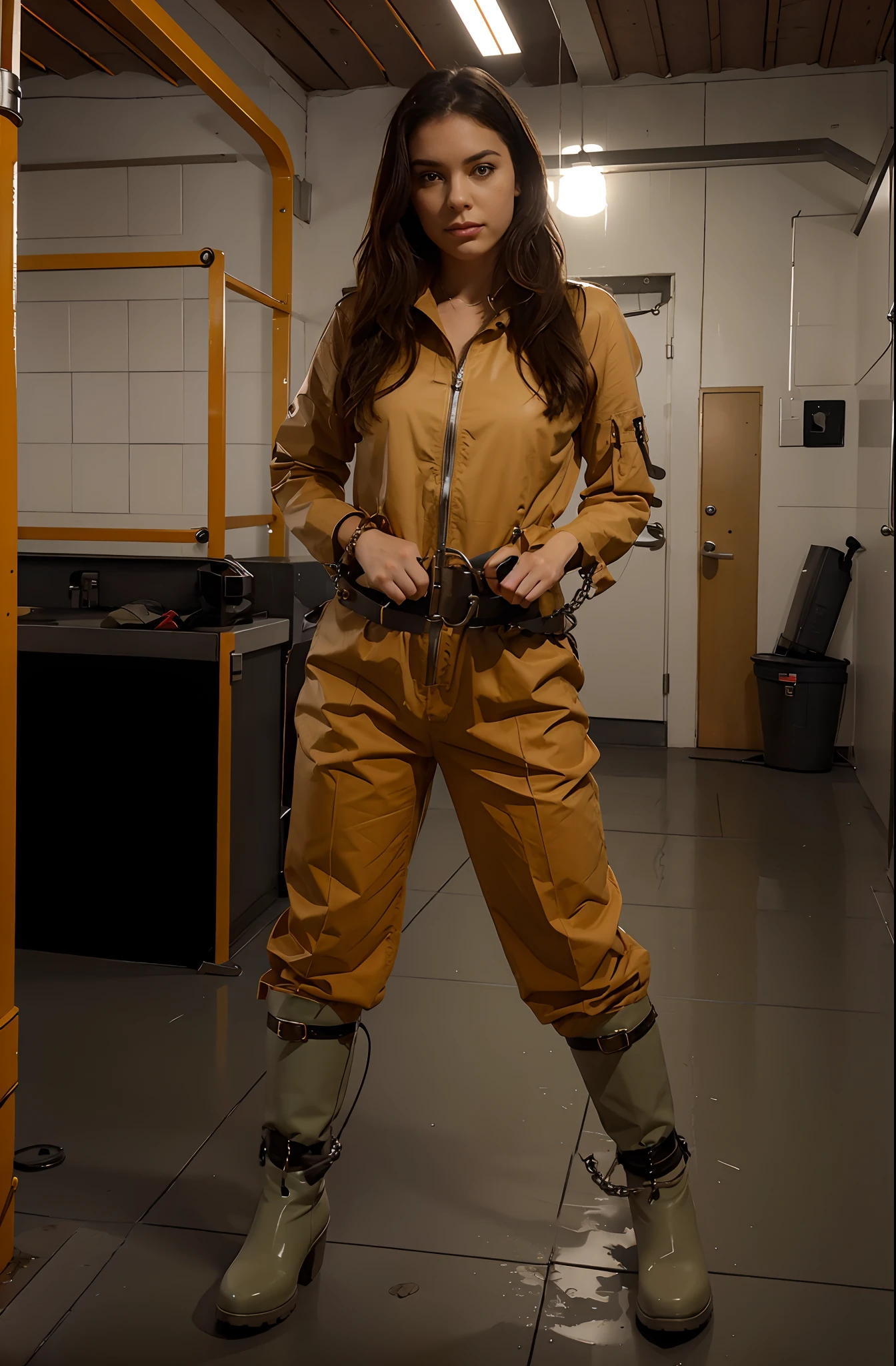 improve her hands and handcuffs, improve her Hunter rainboots, add a chain between her boots's bondage gear