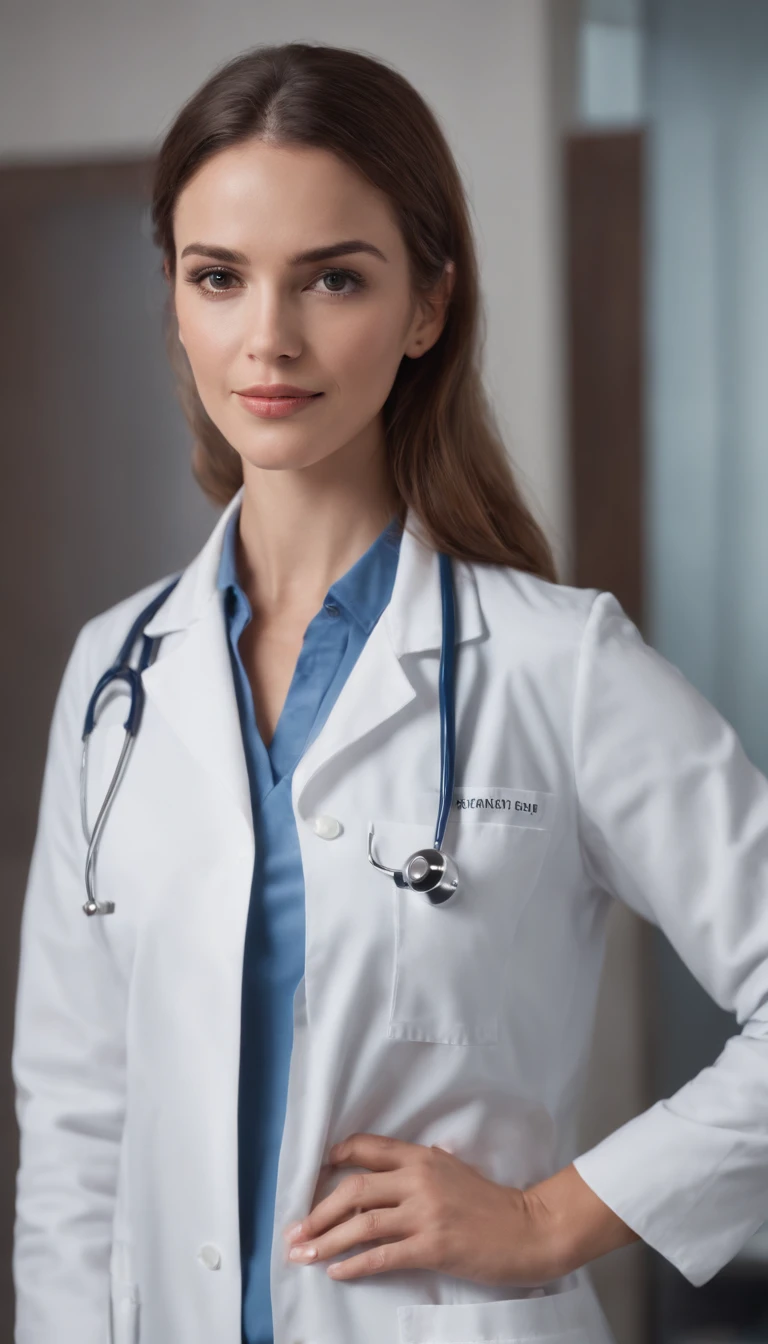 femme, doctor, cheveux courts broen, Pretty American Woman,27 ans, Behind the desk, longue blouse blanche, gentil snile, debout, background: Dark Hospital , Face camera