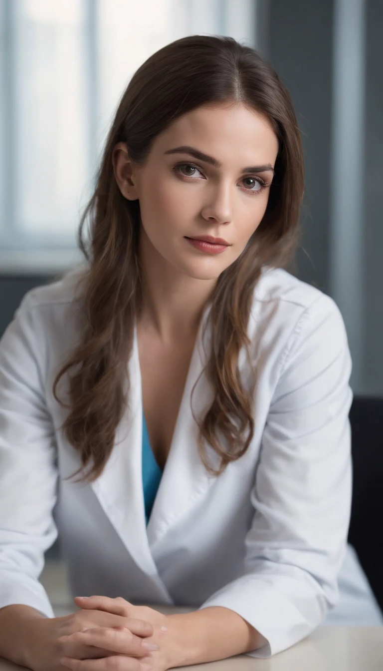 femme, doctor, cheveux courts broen, Pretty American Woman,27 ans, Behind the desk, longue blouse blanche, gentil snile, debout, background: Dark Hospital , Face camera