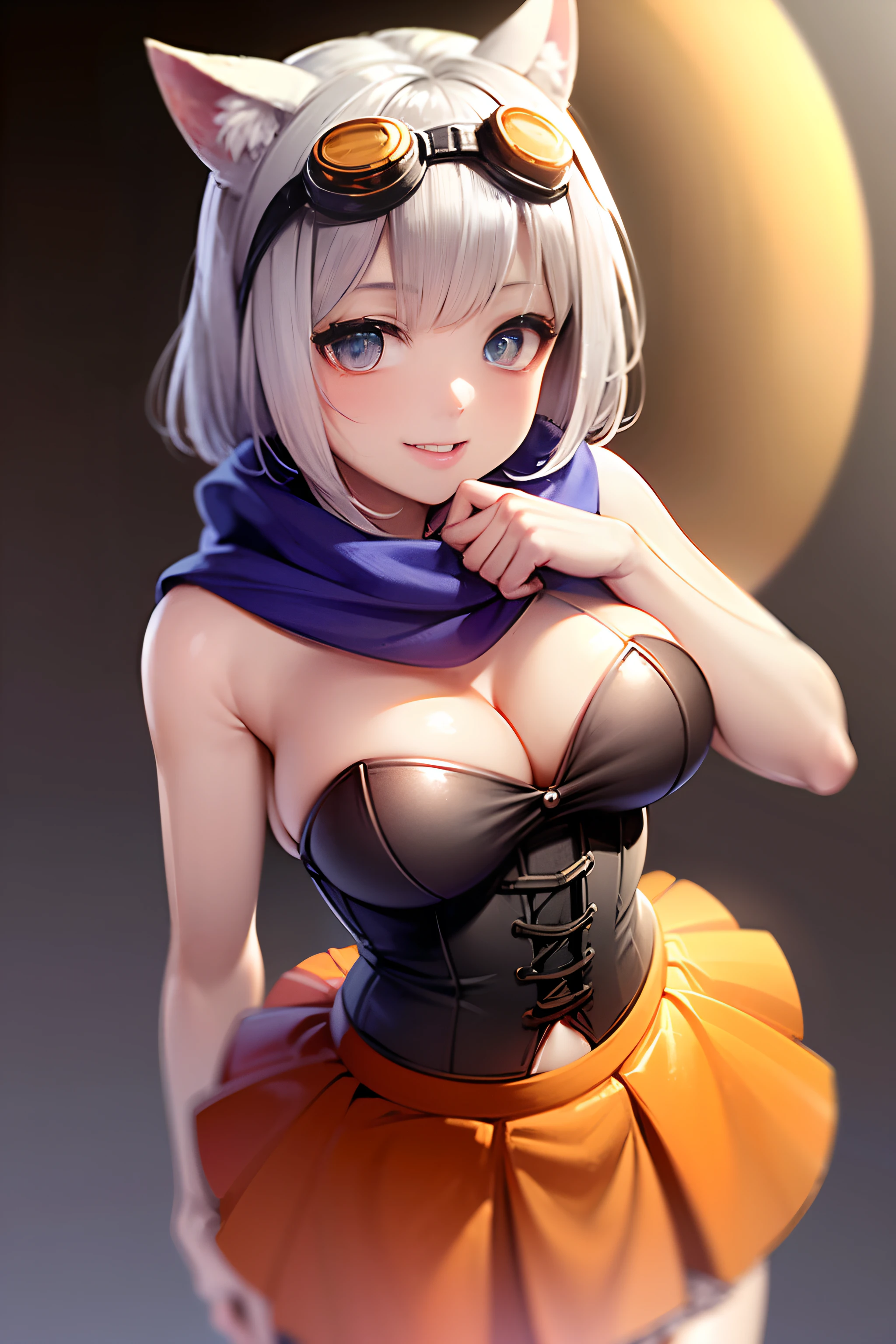 ((Halloween:1.5)), ((Blouse:1.5)), ((tight skirts:1.5)), Anatomically correct body, very detailed face and eyes, ((Kyoto Animation Style)), super precision, masterpiece, very extremely beautiful, Princess Face, ((1 Japan Girl)), ((Solo:1.5)), ((Large round lens goggles on the top of the head:1.5)), ((Big white animal ears:1.5)), ((Wear a bright blue scarf around your neck:1.5)), Big eyes, ((Silver hair:1.5)), ((Blue eyes)), ((bob cuts)), ((medium breasts)), Faint lips, Professional Lighting, (20 years old), Narrow waist, Shiny skin, Oiled skin, glistning skin, cowboy shot, Looking at Viewer, Dynamic Pose, ssmile, ((tokyo prefecture:1.5)), (Tokyo Metropolitan Government Building:1.5), (Dutch Angle), A smile, ((Walk:1.5)), ((Halloween:1.5)),