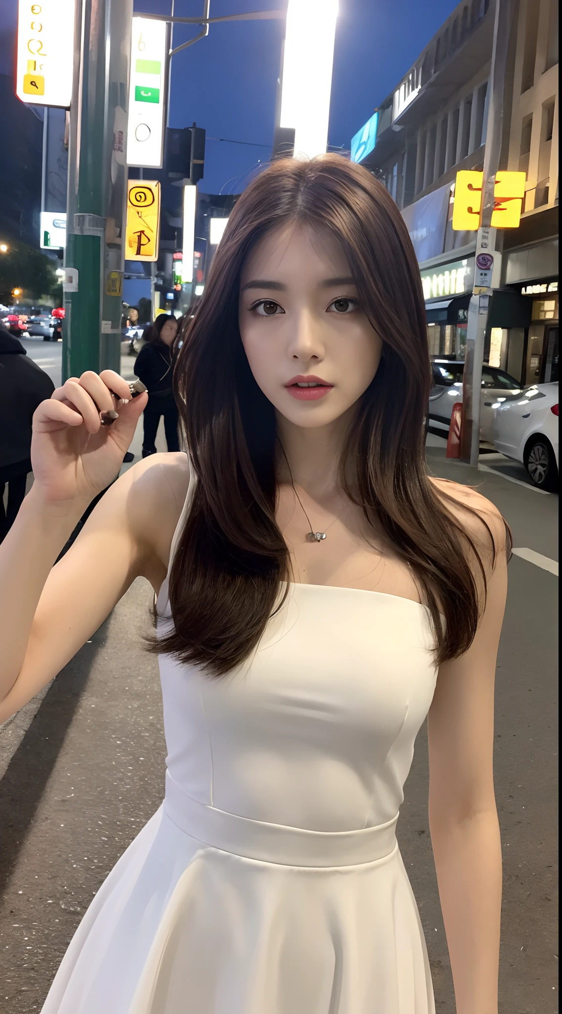 ((Realistic lighting, Best quality, 8K, Masterpiece: 1.3)), Focus: 1.2, 1girl, Perfect Figure: 1.4, Slim Abs: 1.1, ((Dark brown hair)), (White dress: 1.4), (Outdoor, Night: 1.1), City streets, Super fine face, Fine eyes, Double eyelids,