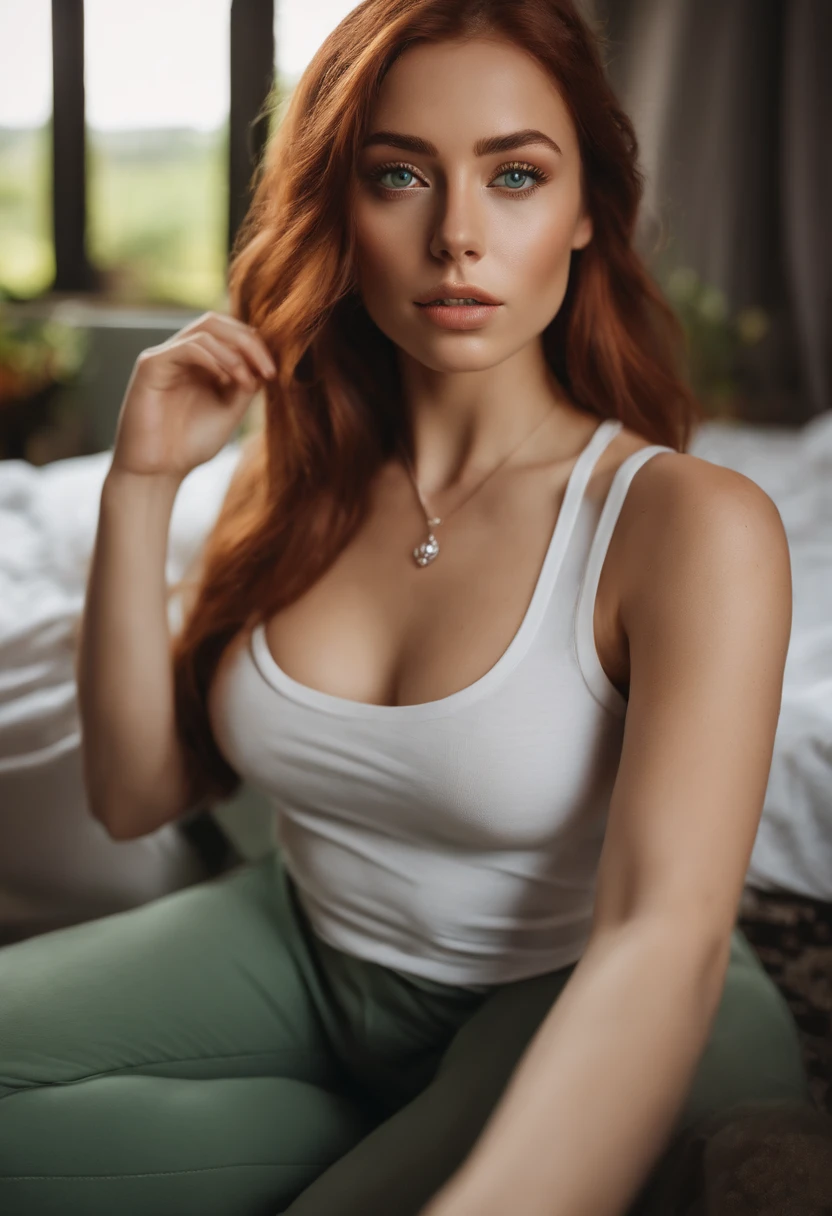 arafed woman with a white tank top and a necklace, sexy girl with green eyes, portrait sophie mudd, red hair and large eyes, selfie of a young woman, bedroom eyes, violet myers, without makeup, natural makeup, looking directly at the camera, face with artgram, subtle makeup, stunning full body shot, piercing green eyes