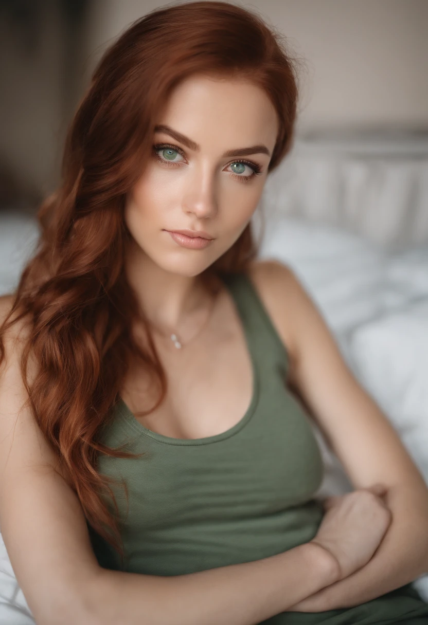 arafed woman with a white tank top and a necklace, sexy girl with green eyes, portrait sophie mudd, red hair and large eyes, selfie of a young woman, bedroom eyes, violet myers, without makeup, natural makeup, looking directly at the camera, face with artgram, subtle makeup, stunning full body shot, piercing green eyes