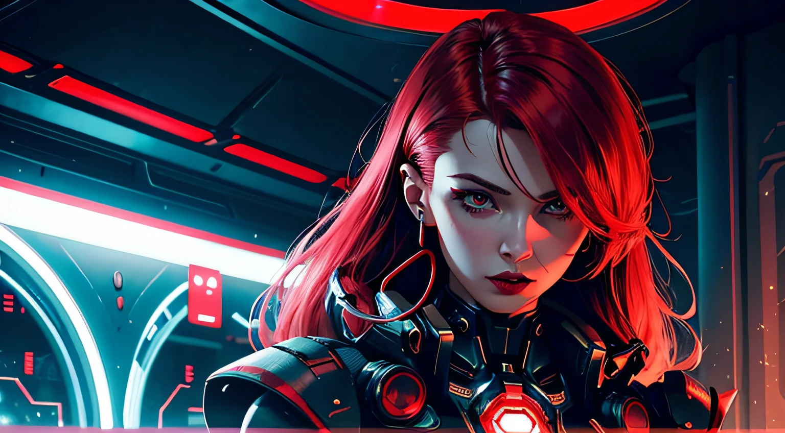 A Beautiful Cyberpunk Woman、Wearing a red cyborg、red glowing、Sharp light and shadow、Depicted in detail、All-knowing and all-powerful、Wearing white earphones、Upper air、Red superstar、Bright red all over the body、All-knowing and all-powerful、satori、Full of passion、Be prepared、Courageous、soio、Accelerating background、Stylish modeling、Seeing your face from inside the machine、Fantastical、Artistically、aesthetics、Dracula、Halo