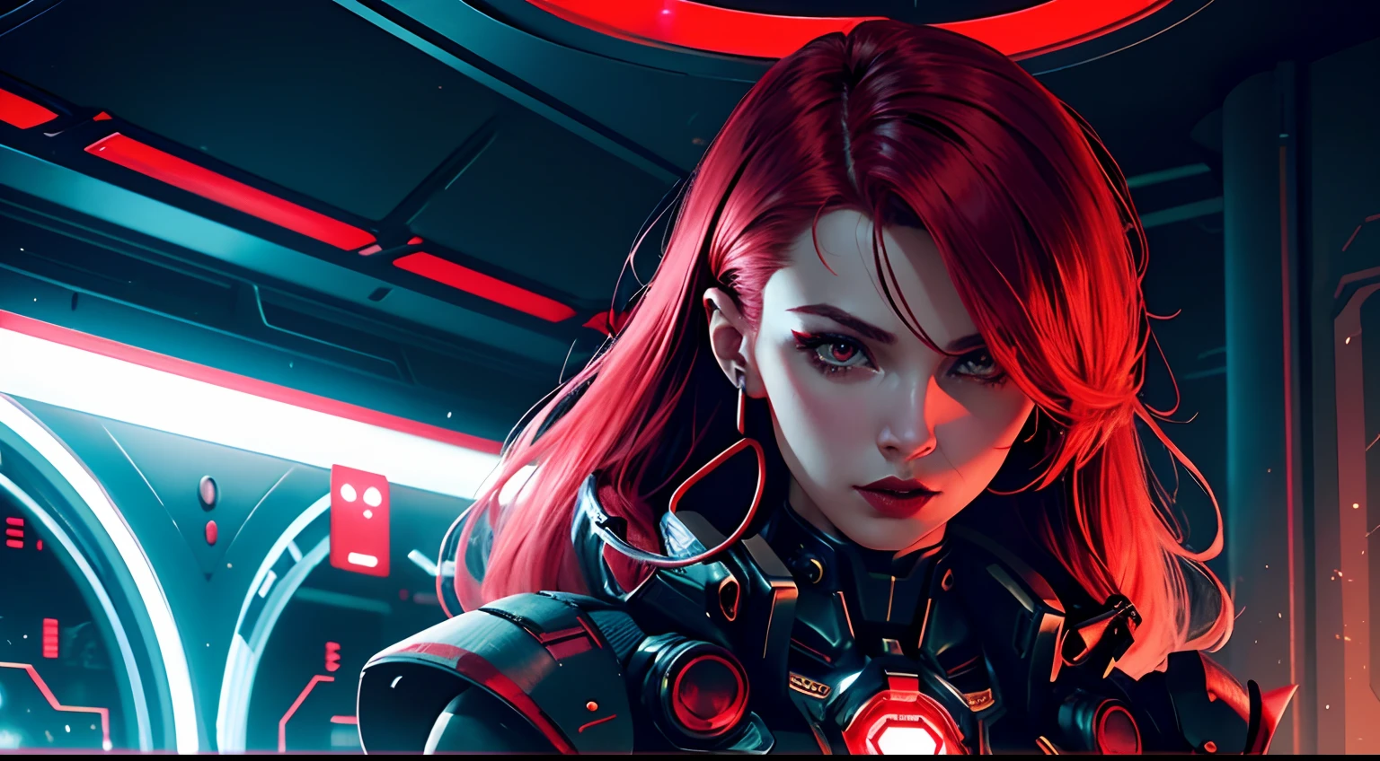 A Beautiful Cyberpunk Woman、Wearing a red cyborg、red glowing、Sharp light and shadow、Depicted in detail、All-knowing and all-powerful、Wearing white earphones、Upper air、Red superstar、Bright red all over the body、All-knowing and all-powerful、satori、Full of passion、Be prepared、Courageous、soio、Accelerating background、Stylish modeling、Seeing your face from inside the machine、Fantastical、Artistically、aesthetics、Dracula、Halo