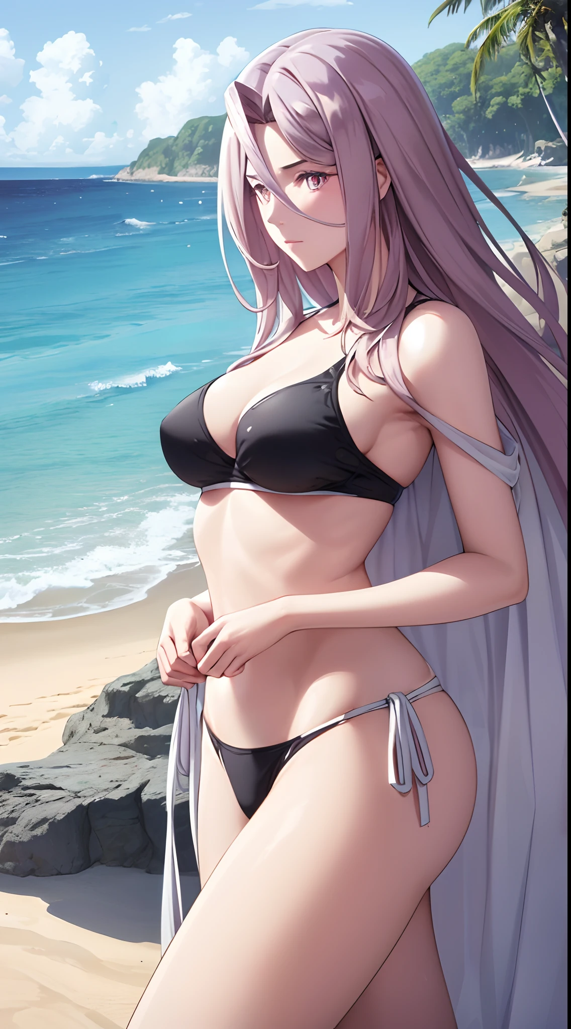 (masterpiece:1.2, best quality), (finely detailed beautiful eyes: 1.2), solo focus, (extremely detailed CG unity 8k wallpaper, masterpiece, best quality, ultra-detailed, best shadow), (detailed background), (beautiful detailed face, beautiful detailed eyes) , 1girl, tokime, 1girl, solo, large breasts, happy, splashing water, playing in the ocean, wet hair, bikini, blue sky , High contrast, beautiful sexy woman, adult, (best illumination, an extremely delicate and beautiful),(simple backround, outdoors, beach, sand, ocean, sky), looking at viewer,beautiful detailed glow,