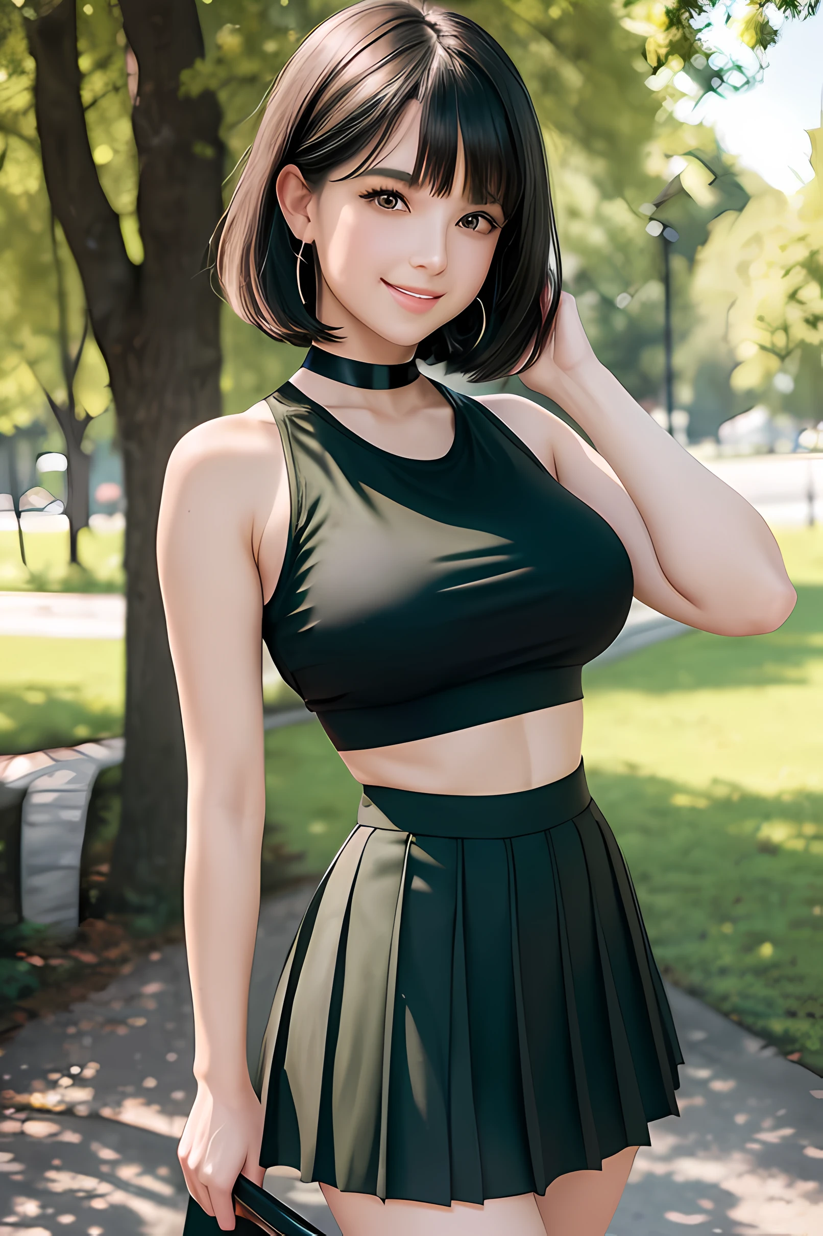 Masterpiece, Best Quality, 8K, Photographic Reality, (1 girl), ultra-detailed, beautiful lighting, standing up, beautiful scenery, blushing, smiling, (cute smile:1,1), (glossy lips:1.1), beautiful eyes, wonderful background, closed mouth, short hair, shy, bob hair, bangs, black_choker, crop_top, (black tank top), black hair, (black pleated mini skirt), in park, Beautiful female, medium breasts, (green eyes:1.3)