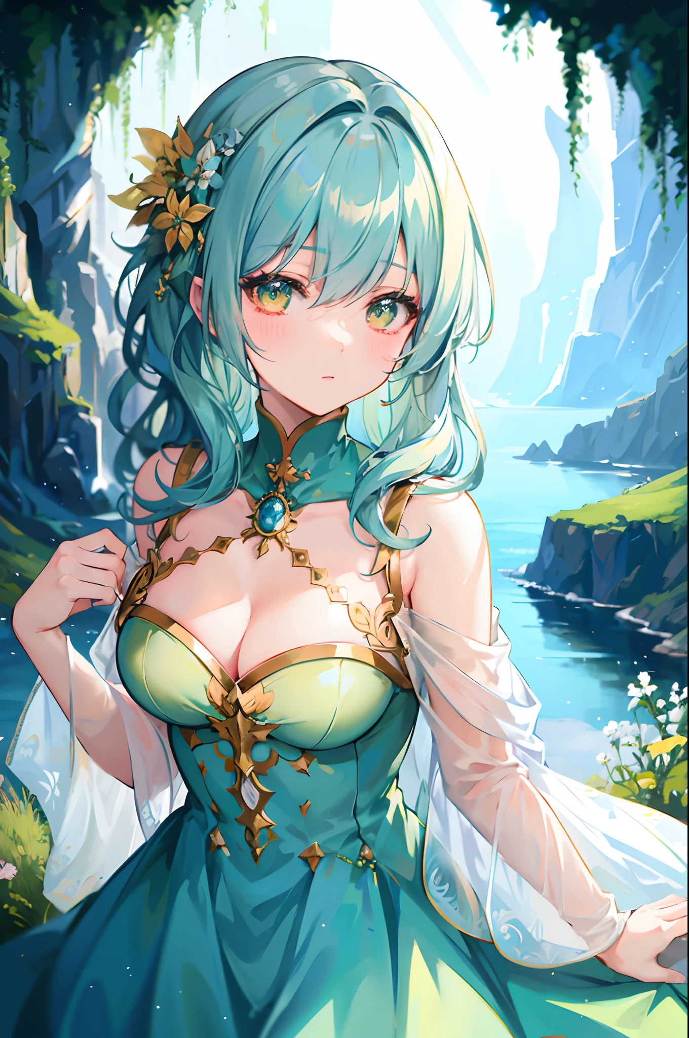 anime girl with blue hair and green dress standing in front of a river, portrait knights of zodiac girl, beautiful maiden, detailed digital anime art, cute anime waifu in a nice dress, beautiful fantasy anime, ((a beautiful fantasy empress)), beautiful anime girl, digital art on pixiv, alluring elf princess knight, 8k high quality detailed art