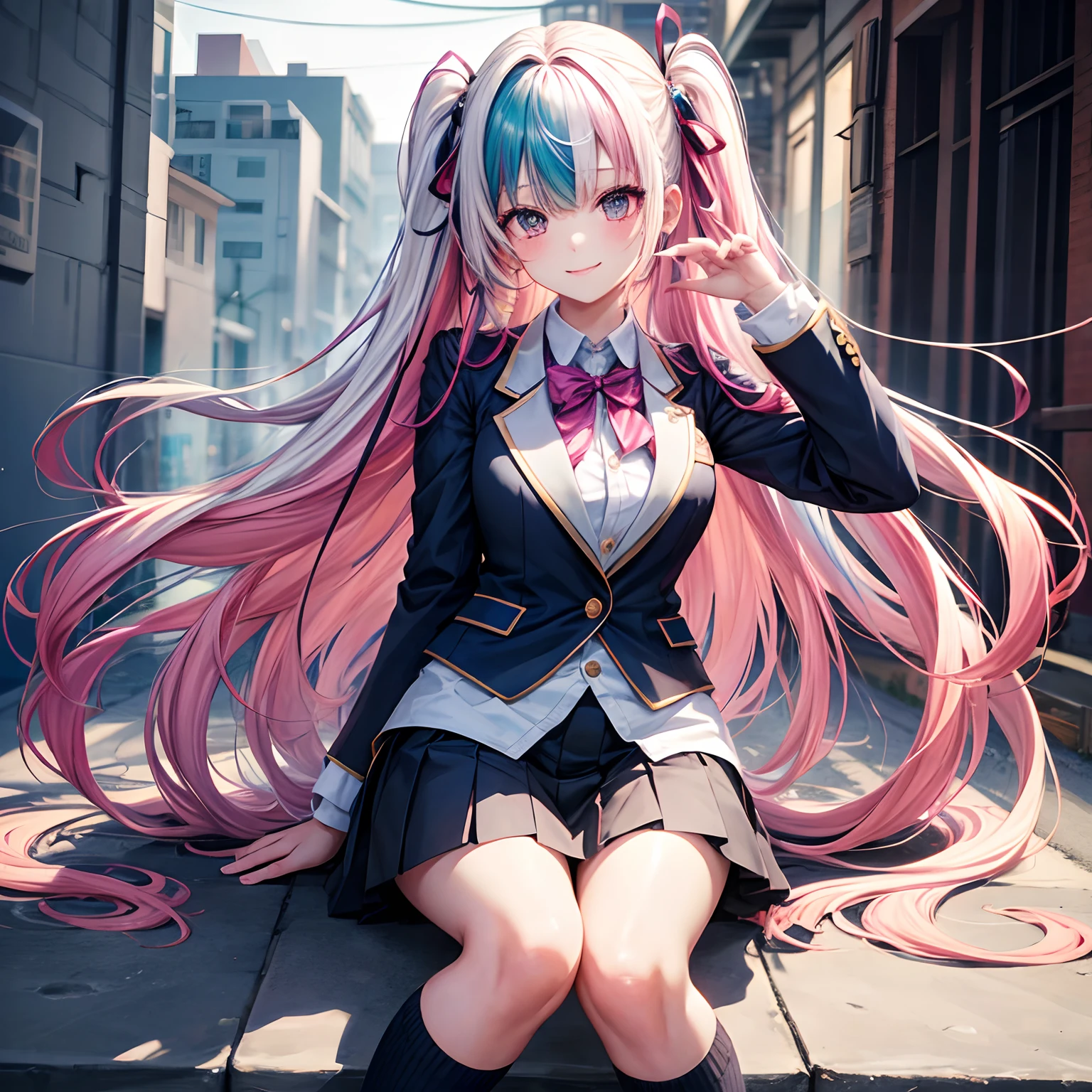 Beautiful girl with multicolored hair，She is an angel.、It's Yandere，A smile，​masterpiece，超A high resolution，Ribbon on uniform，Cute Blazer，Beautiful Beautiful Girl，Perfect Beautiful Girl，Excellent style，valley，Loose Socks，girl，