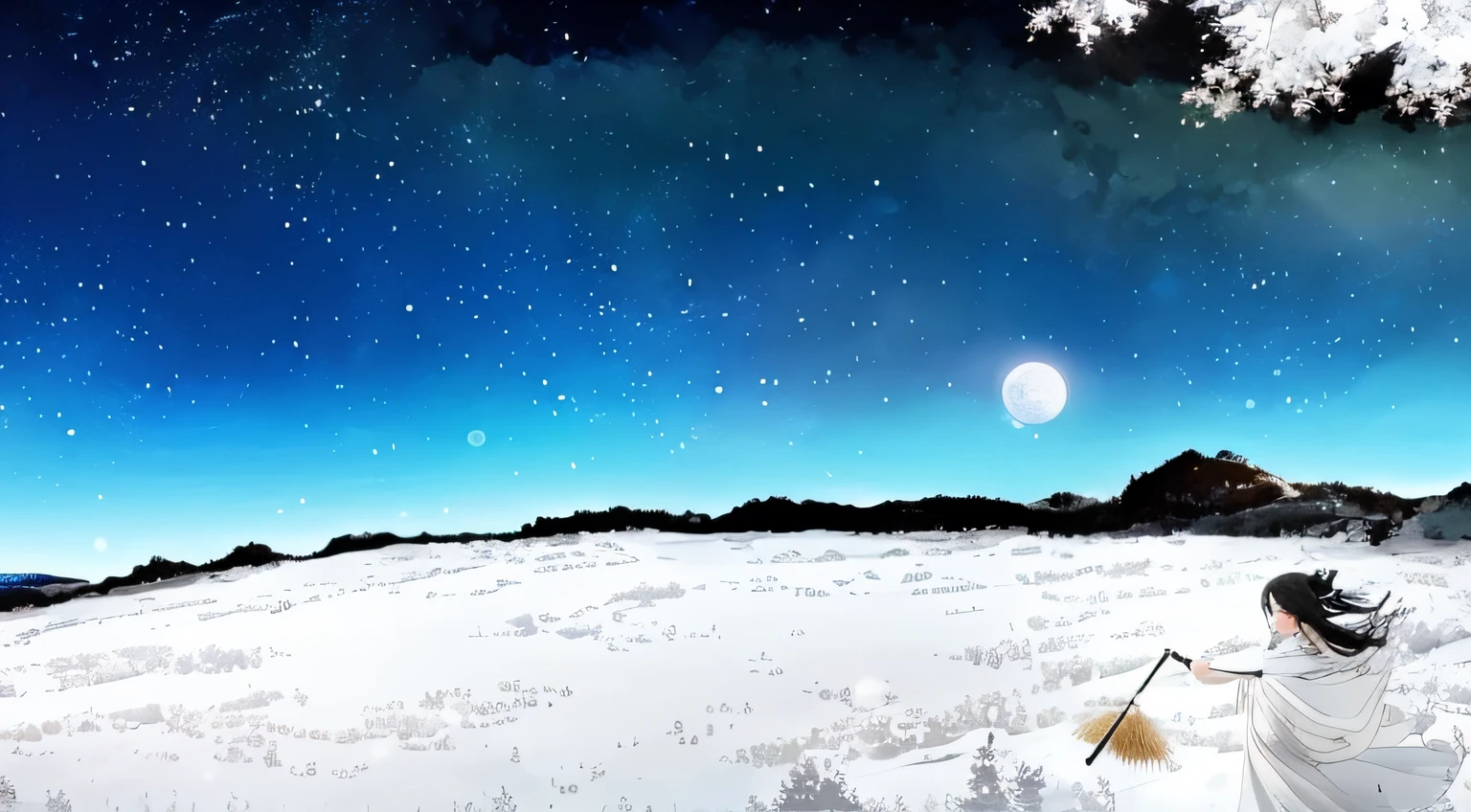 there is a girl with black hair wearing white ceremonial gowns waving an incense cage and is standing in the snow, moonlit starry sky environment, snowy plains, moonlight snowing, moonlight snow, snowy night, sandy white moon landscape, winter night, winter scene fantasy, snowy field, snow field, snowy landscape, made with anime painter studio, snow landscape, night under the starry sky, star(sky) starry_sky