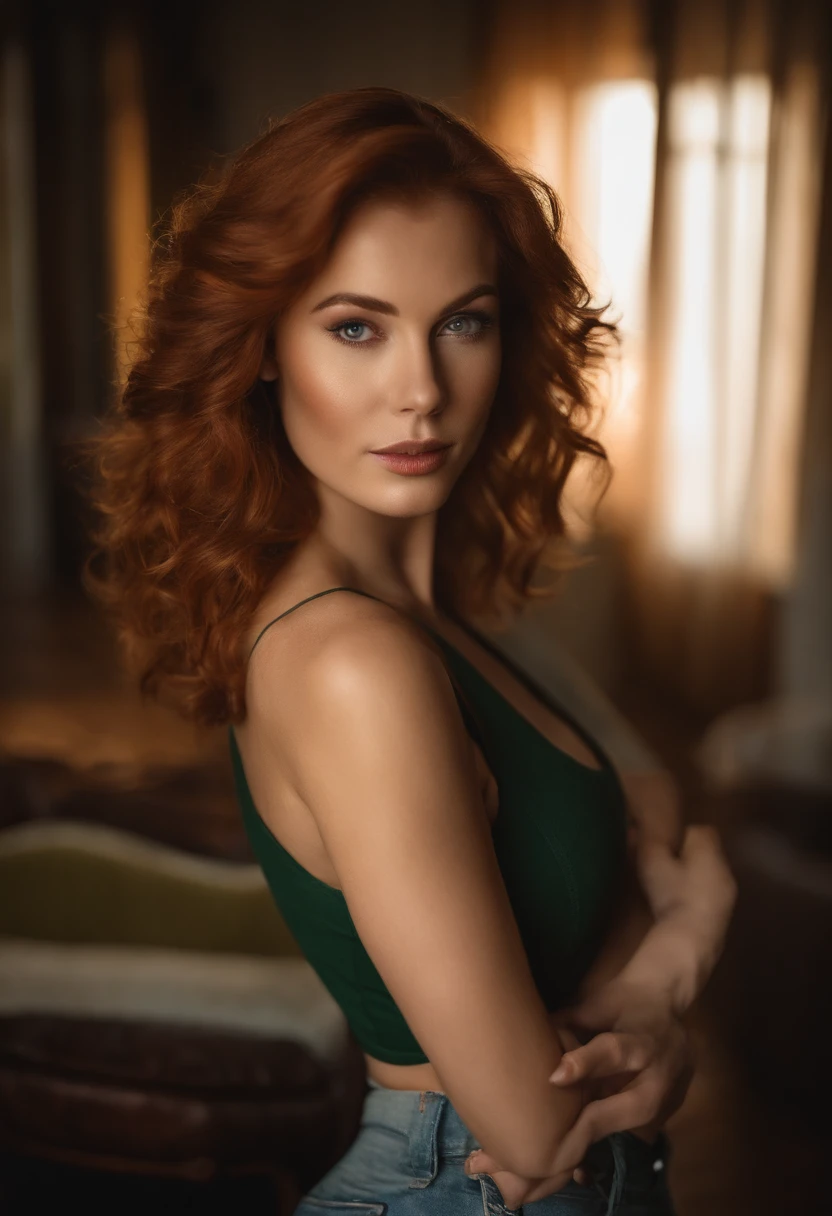 professionnel, (Photo 4K:1.1) (mise au point nette:1.3), High detail, Porter (Chemise moulante:1.2), beautifull detailed face, An attractive woman with long red hair looks at the camera, resembling actress Katherine McNamara, Panasonic Lumix S Pro 50mm F/1.4, dark orange and dark emerald, Ferrania P30, photo realist, (attractive young woman:0.8), (Seductive:1.3), (rougissant:1.1), Forme du corps du sablier, Gros seins ronds, hanches larges, in the background city