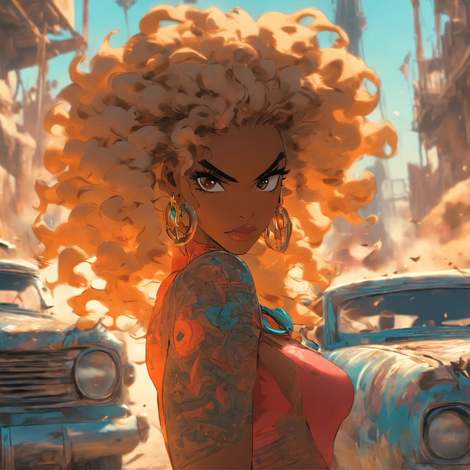 African woman of different mood with very long curly hair, Mostrando Clevage, agarrado en toalla blanca,Holding the gun and the back of a bunch of random weapons wide angle on a random antique car background, Silver Rocket Launcher with Babydoll Lingerie、Ropa corta estilo cyberpunk vehicle color amarillo, pantimedias red , Mini falda azul, Perfect anatomy, Ilustrativo, pictorial, Detallado, Dibujo UHD, Pluma y tinta, perfect composition, beautiful detailed intricate insanely detailed octane render trending on artstation, 8 k artistic photography, Arte conceptual fotorrealista, suave natural