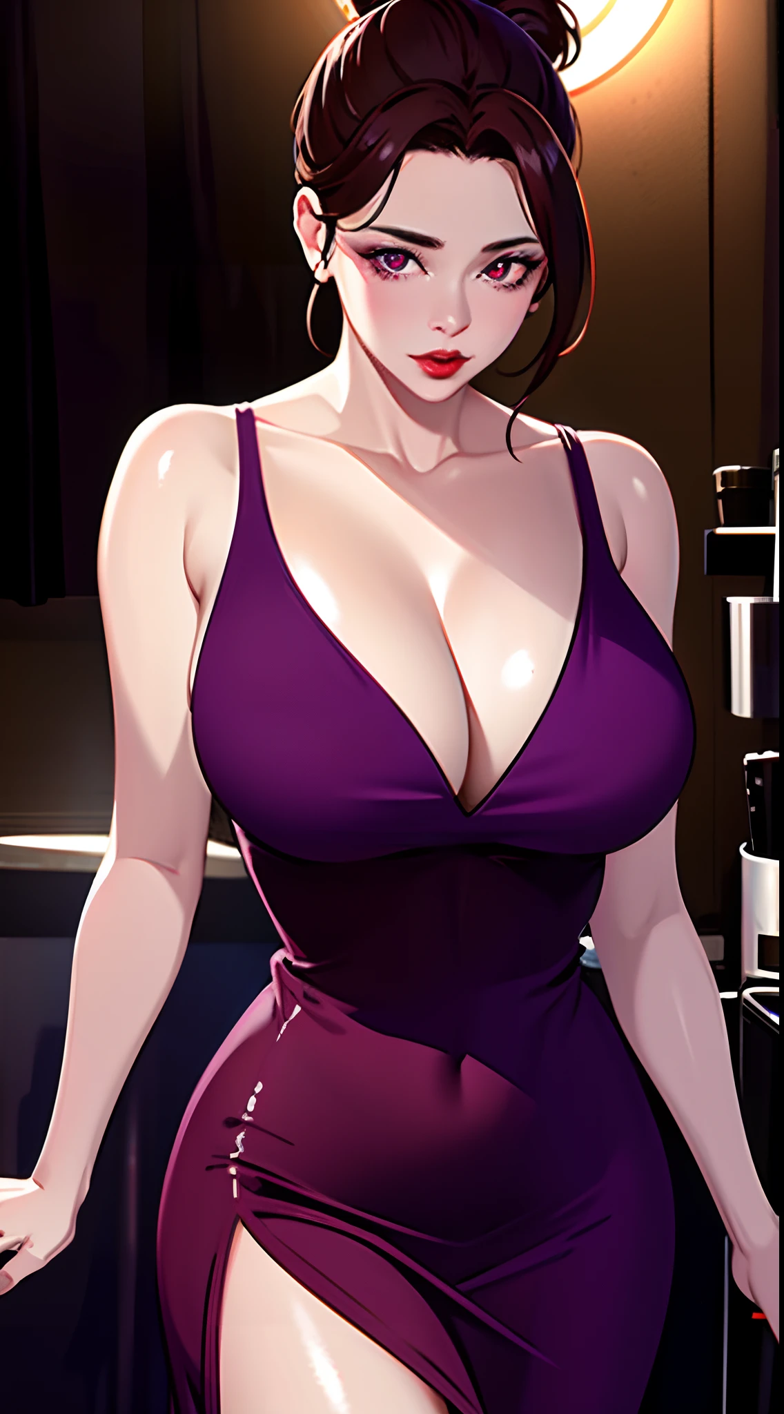 masterpiece:1.5, best quality:1.5, aesthetic, 1girl, sidelocks, cinematic lighting, sharp focus,large breasts , mature female,  ,16k, glowing eyes, detailed 4k eyes,
playground,seduction,sexy lips, parted lips,detailed lips,
red lips, high detailed background,((big purple eyes)), detailed face,shiny skin,
auntjunev3,auntjune,hair bun, bangs, messy hair, 
dress,red dress, sleeveless dress, collarbone,nightgown