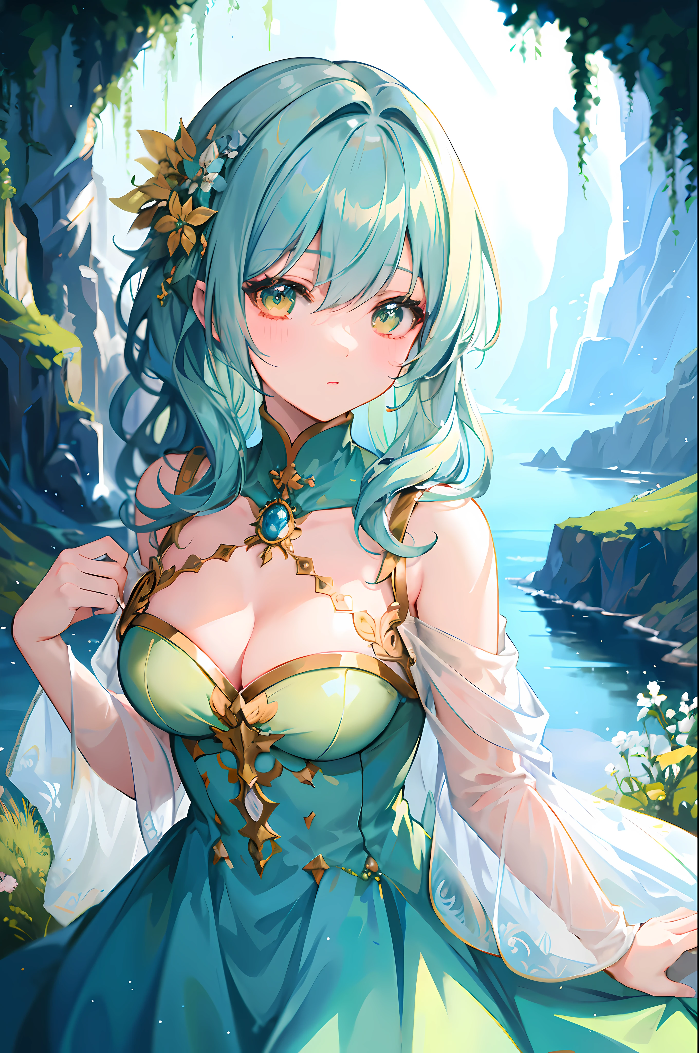anime girl with blue hair and green dress standing in front of a river, portrait knights of zodiac girl, beautiful maiden, detailed digital anime art, cute anime waifu in a nice dress, beautiful fantasy anime, ((a beautiful fantasy empress)), beautiful anime girl, digital art on pixiv, alluring elf princess knight, 8k high quality detailed art