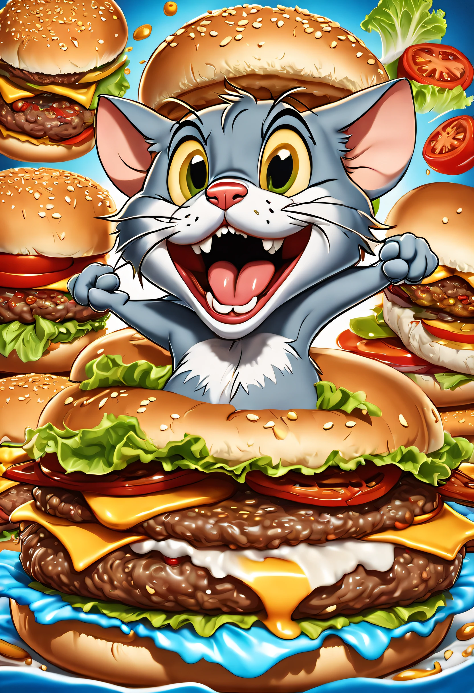 Tom and Jerry quarrel over juicy and delicious hamburgers, Chaotic scenes, Detailed facial expressions of Tom and Jerry, Fierce competition between them, Funny and exaggerated facial features, Iconic characters, Exaggerated body movements, Dynamic action, Vibrant colors, cartoonish style, 2D animation, Fast-paced scenes, Exaggerated perspective, Messy background, Intricately textured burgers, Burgers that induce drooling, Realistic textures on burgers and bread, A mouthwatering condiment oozing from Hamburg, Appetizer toppings, Crunchy lettuce, juicy tomatoes, melted cheese, Crispy bacon, Spit sesame seeds on bread, Wisps of steam rise from the burger, Mouth-watering aroma, Extreme close-up of Tom and Jerry's faces, Sweating and panting, Wild and humorous expressions, Exaggerated saliva flows from the mouth, Exaggerated cartoon sweat drops, Strong gaze, Desperately grab burgers, Exaggerated speed lines, Exaggerated dust clouds, Mouse hole in the background, All kinds of funny attempts,Beat each other, Explosive energy, Exaggerated body twists, The humorous props and gadgets used by Tom and Jerry, Farce humor, Multiple Hamburg-related accidents, Exaggerated facial reaction to the taste of burgers, The ultimate satisfaction and joy for those who have successfully occupied Hamburg. (Best quality,4K,8K,A high resolution,Masterpiece:1.2),Ultra-detailed,(Realistic,Photorealistic,photo-realistic:1.37),Vibrant colors,Dynamic and eye-catching animations,Witty and humorous facial expressions,Wonderful exaggerated body movements,Fun props and gadgets used by Tom and Jerry,Crisp and mouthwatering burger texture,Iconic cartoon characters,Chaotic and comical scenes,Charming and exaggerated facial features,cartoonish style,Fast-paced and dynamic scenes, exaggerated perspectives,Crunchy lettuce,juicy tomatoes,Sticky cheese,Crispy bacon,enticing aroma,Desperately grab burgers, Exaggerated speed lines,