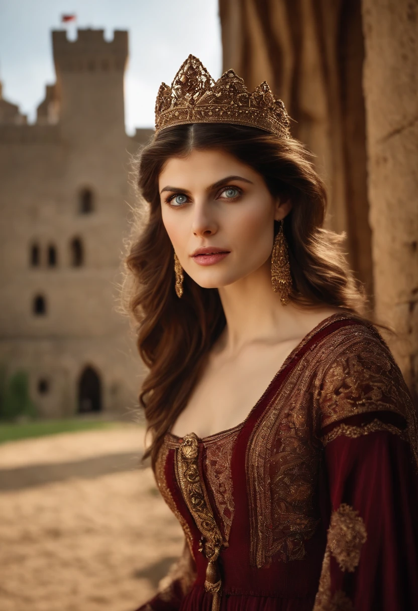 Alexandra Anna Daddario in front of a medieval castle, showing her , perfect eyes, beautiful face in afghan dress nude boobs